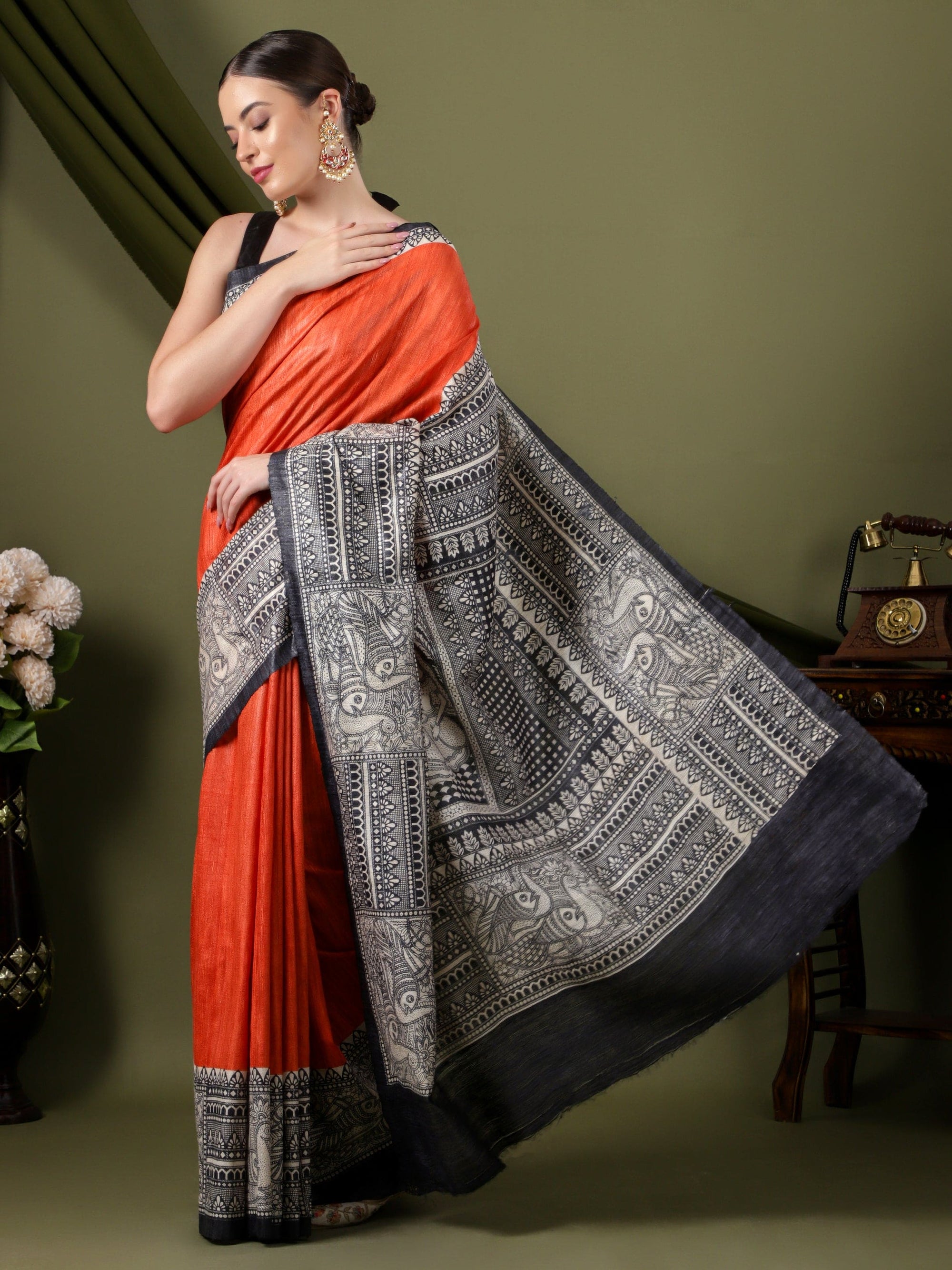 Madhubani Print Sil Saree - Orange & Black - Charkha TalesMadhubani Print Sil Saree - Orange & Black