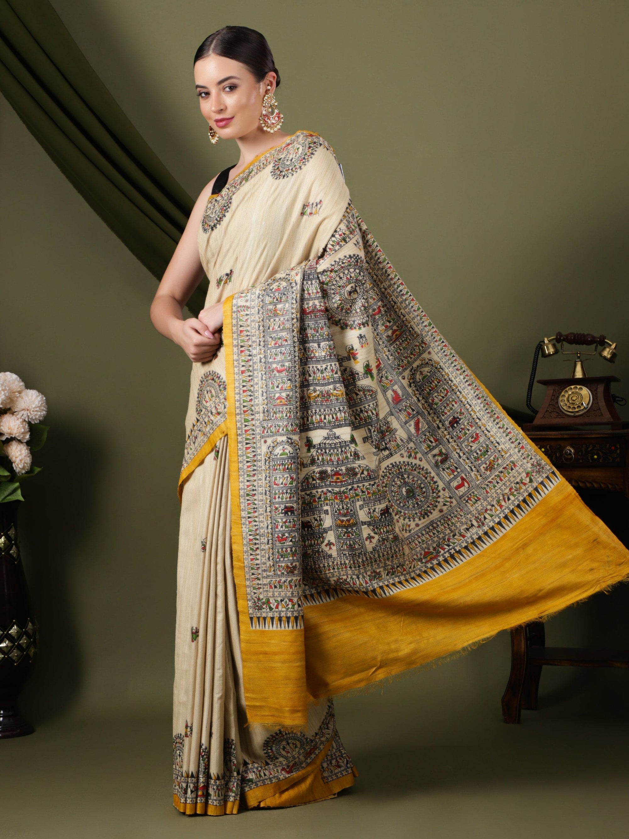Madhubani Silk Saree - Beige - Charkha TalesMadhubani Silk Saree - Beige