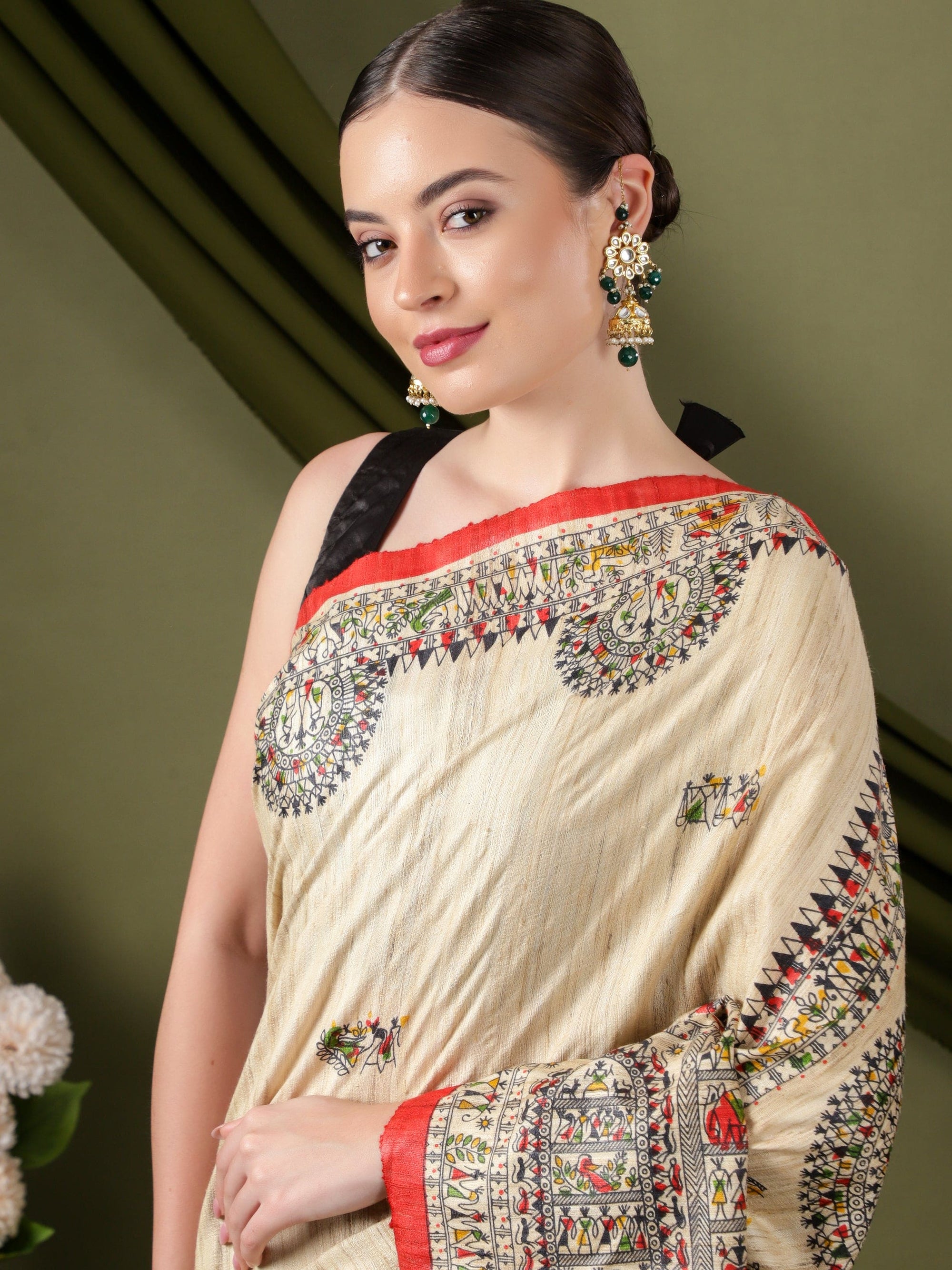 Madhubani Silk Saree - Beige - Charkha TalesMadhubani Silk Saree - Beige
