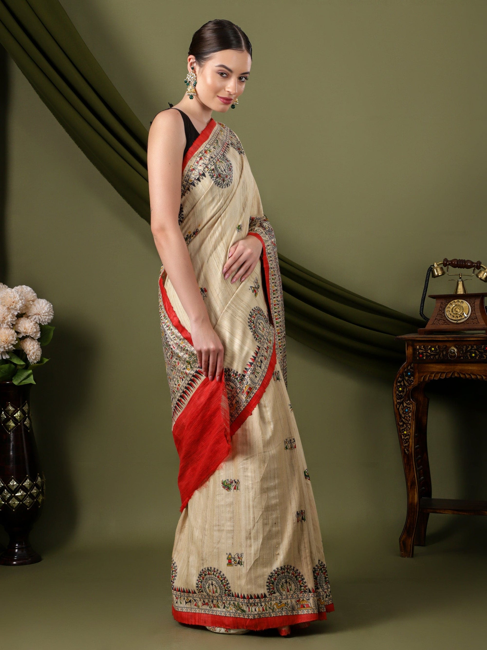 Madhubani Silk Saree - Beige - Charkha TalesMadhubani Silk Saree - Beige