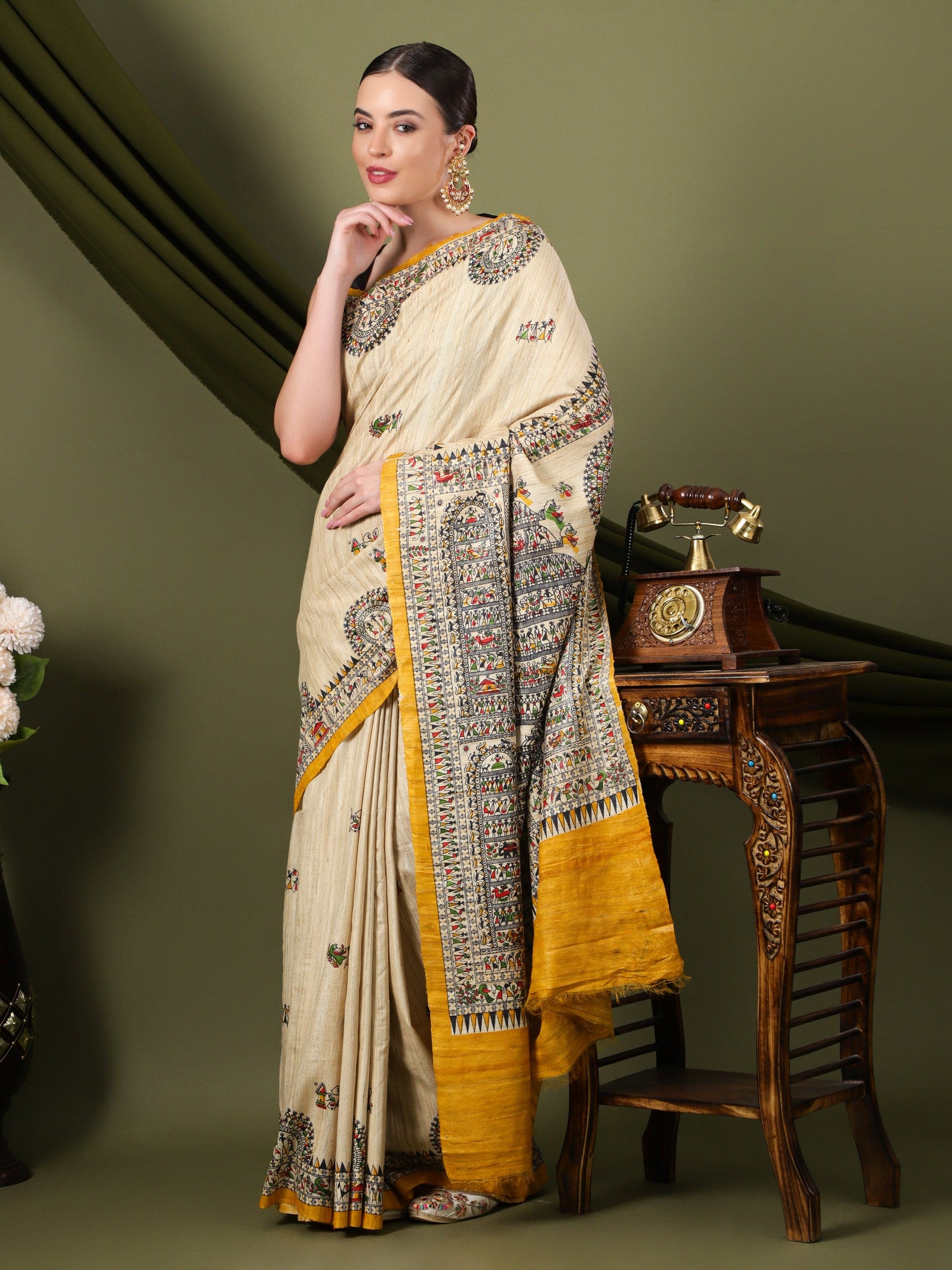 Madhubani Silk Saree - Beige - Charkha TalesMadhubani Silk Saree - Beige