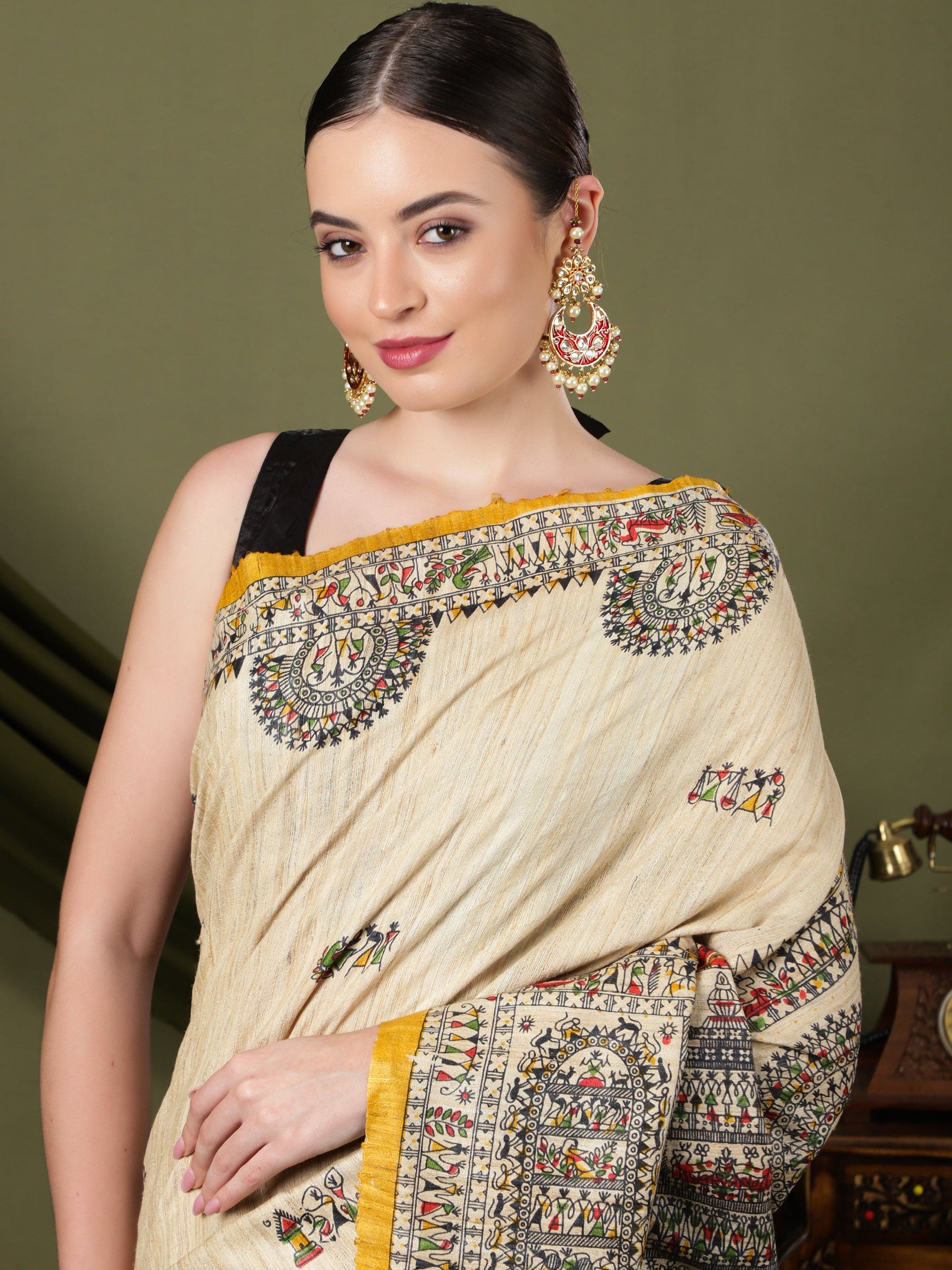 Madhubani Silk Saree - Beige - Charkha TalesMadhubani Silk Saree - Beige