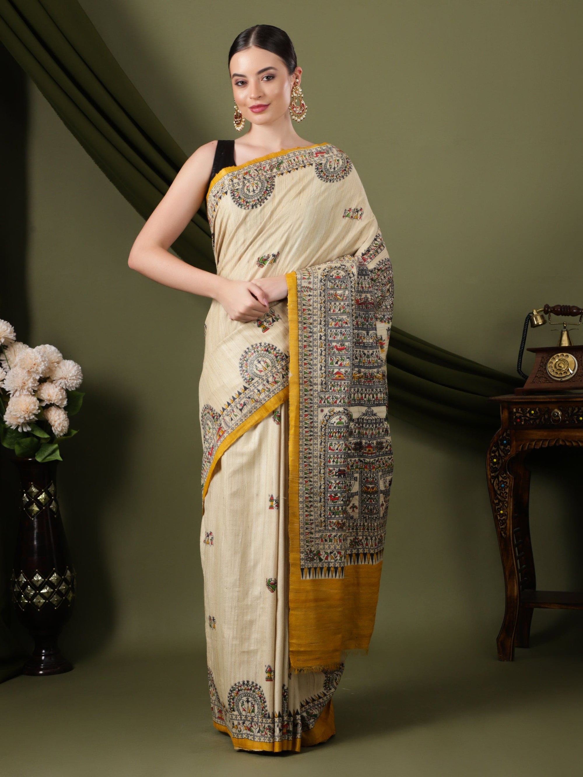 Madhubani Silk Saree - Beige - Charkha TalesMadhubani Silk Saree - Beige