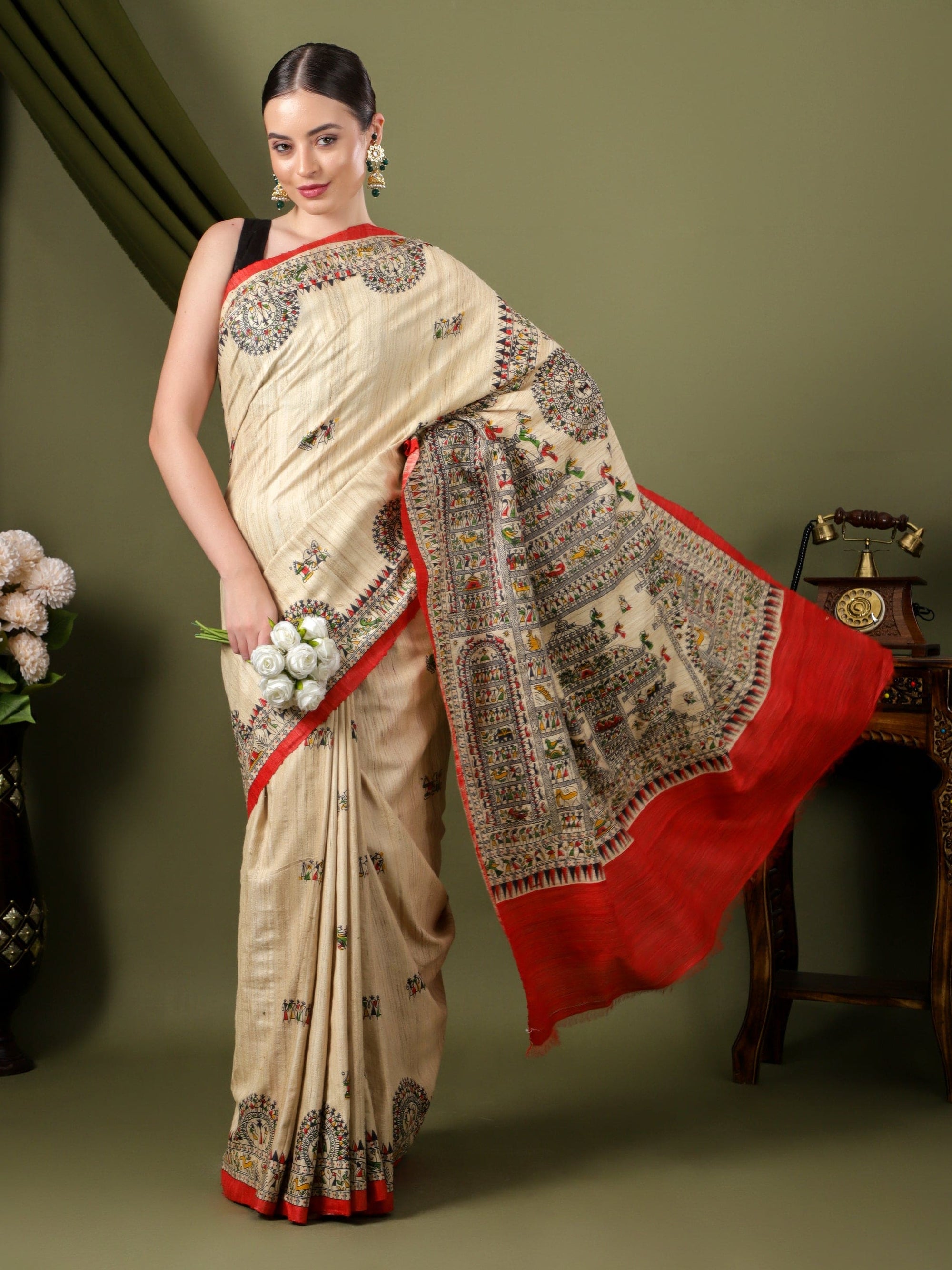 Madhubani Silk Saree - Beige - Charkha TalesMadhubani Silk Saree - Beige