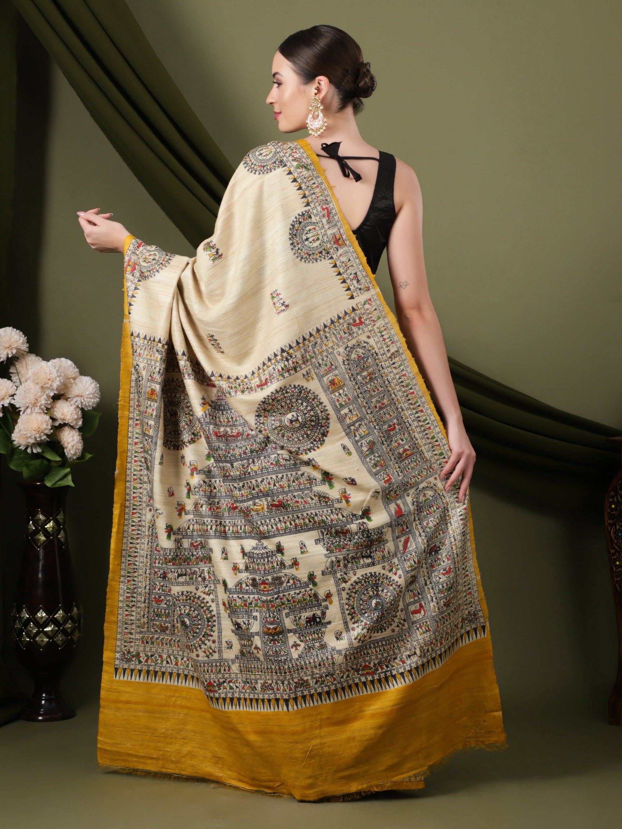 Madhubani Silk Saree - Beige - Charkha TalesMadhubani Silk Saree - Beige