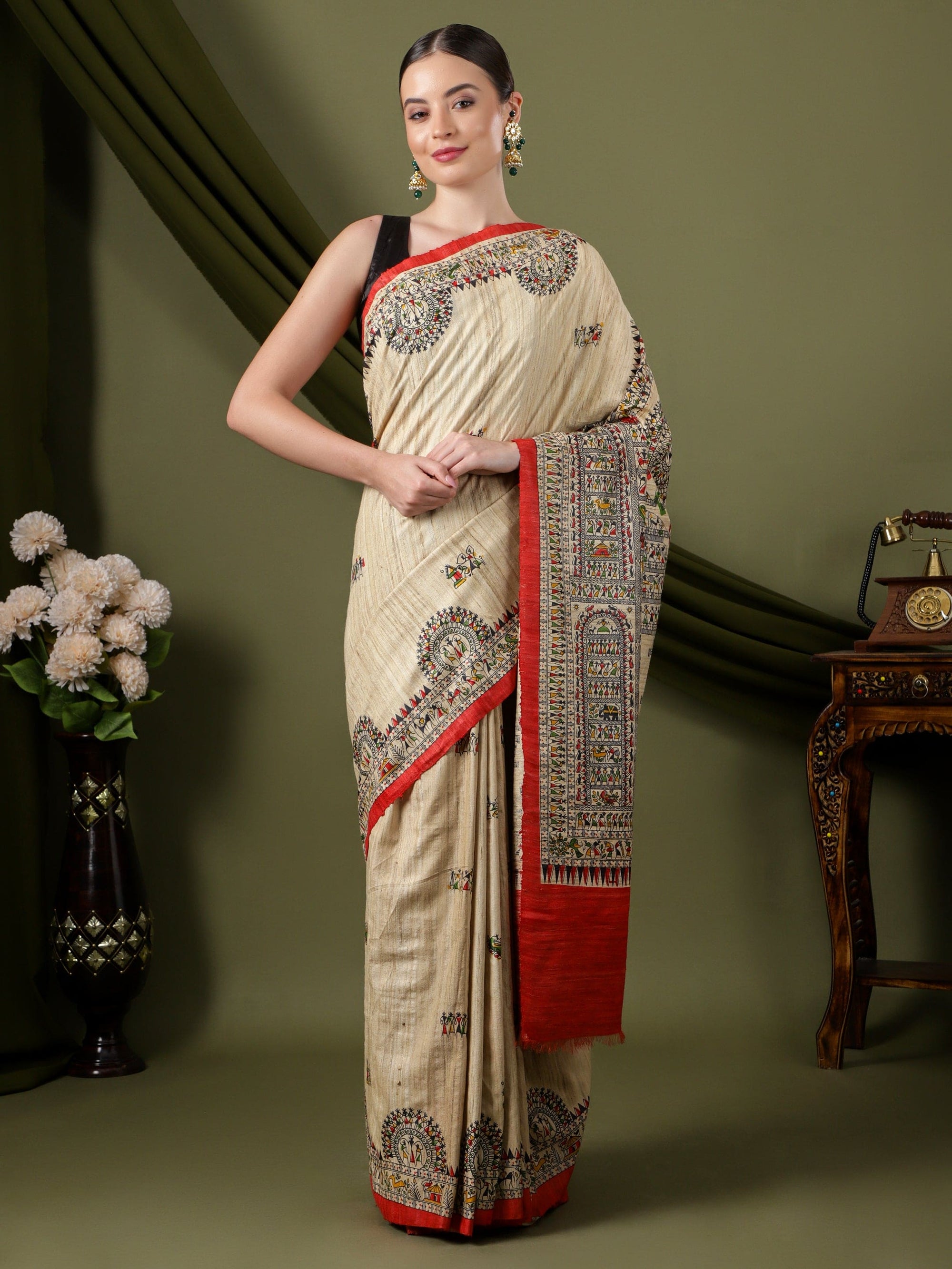 Madhubani Silk Saree - Beige - Charkha TalesMadhubani Silk Saree - Beige