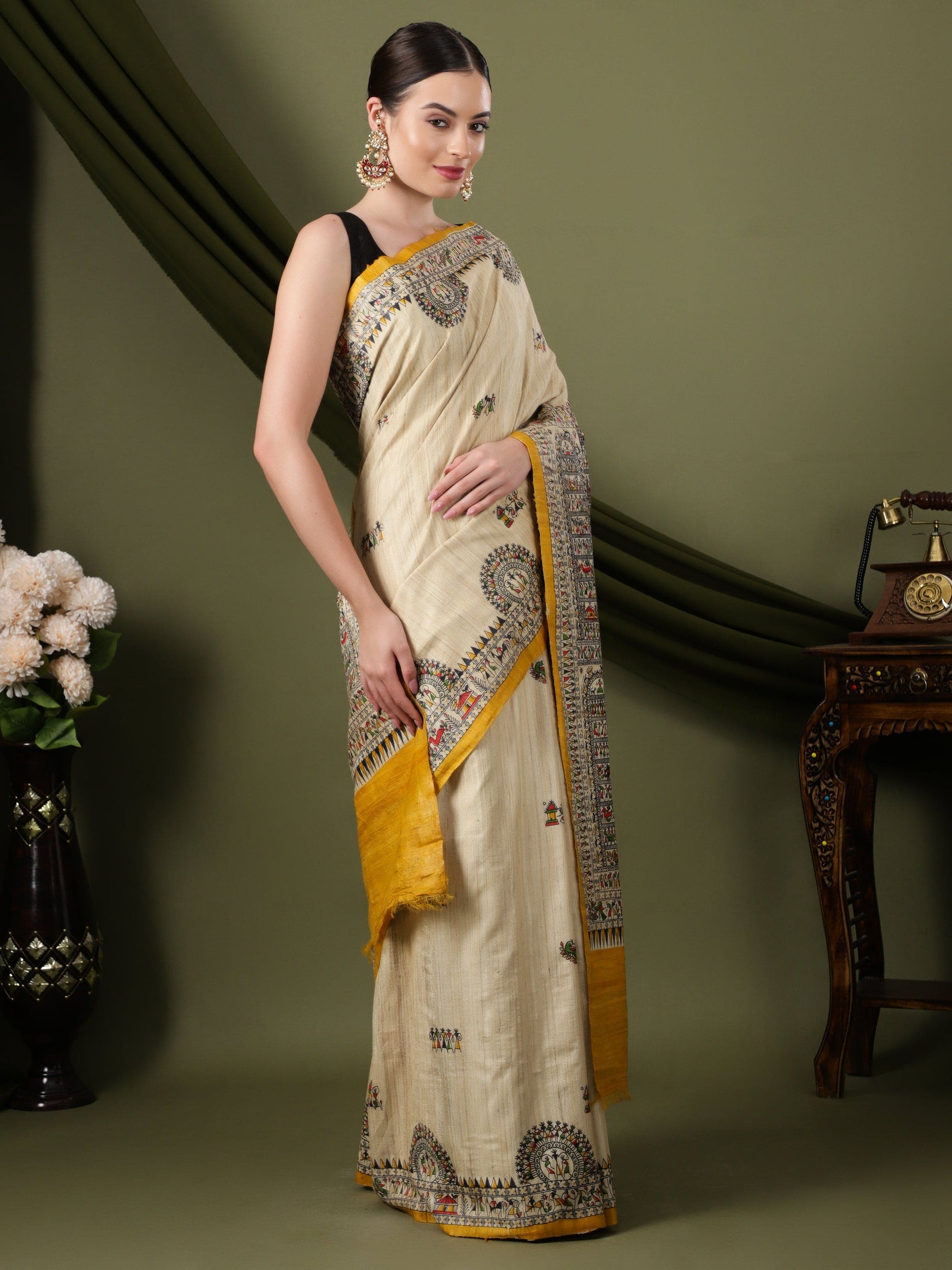Madhubani Silk Saree - Beige - Charkha TalesMadhubani Silk Saree - Beige