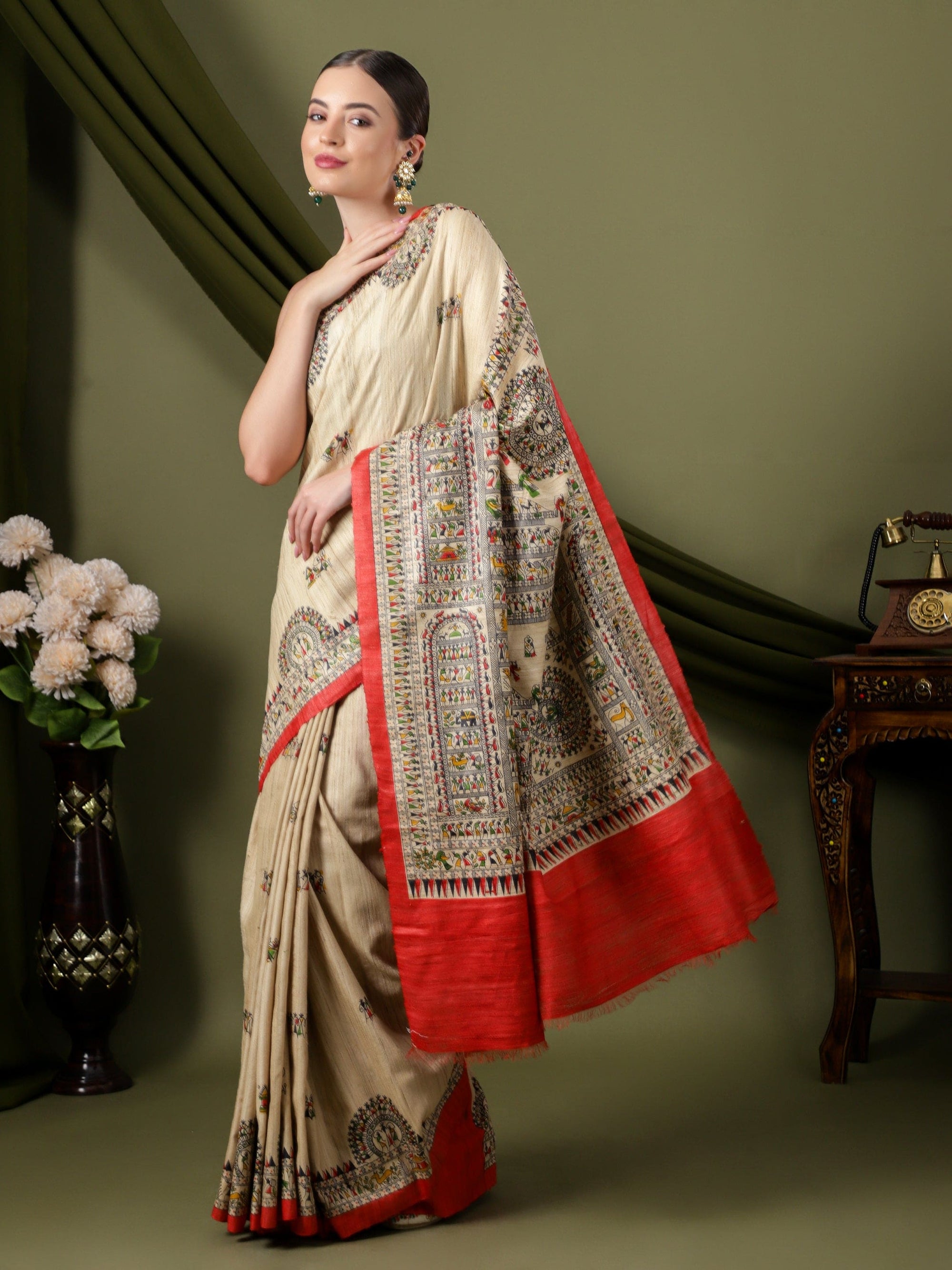 Madhubani Silk Saree - Beige - Charkha TalesMadhubani Silk Saree - Beige