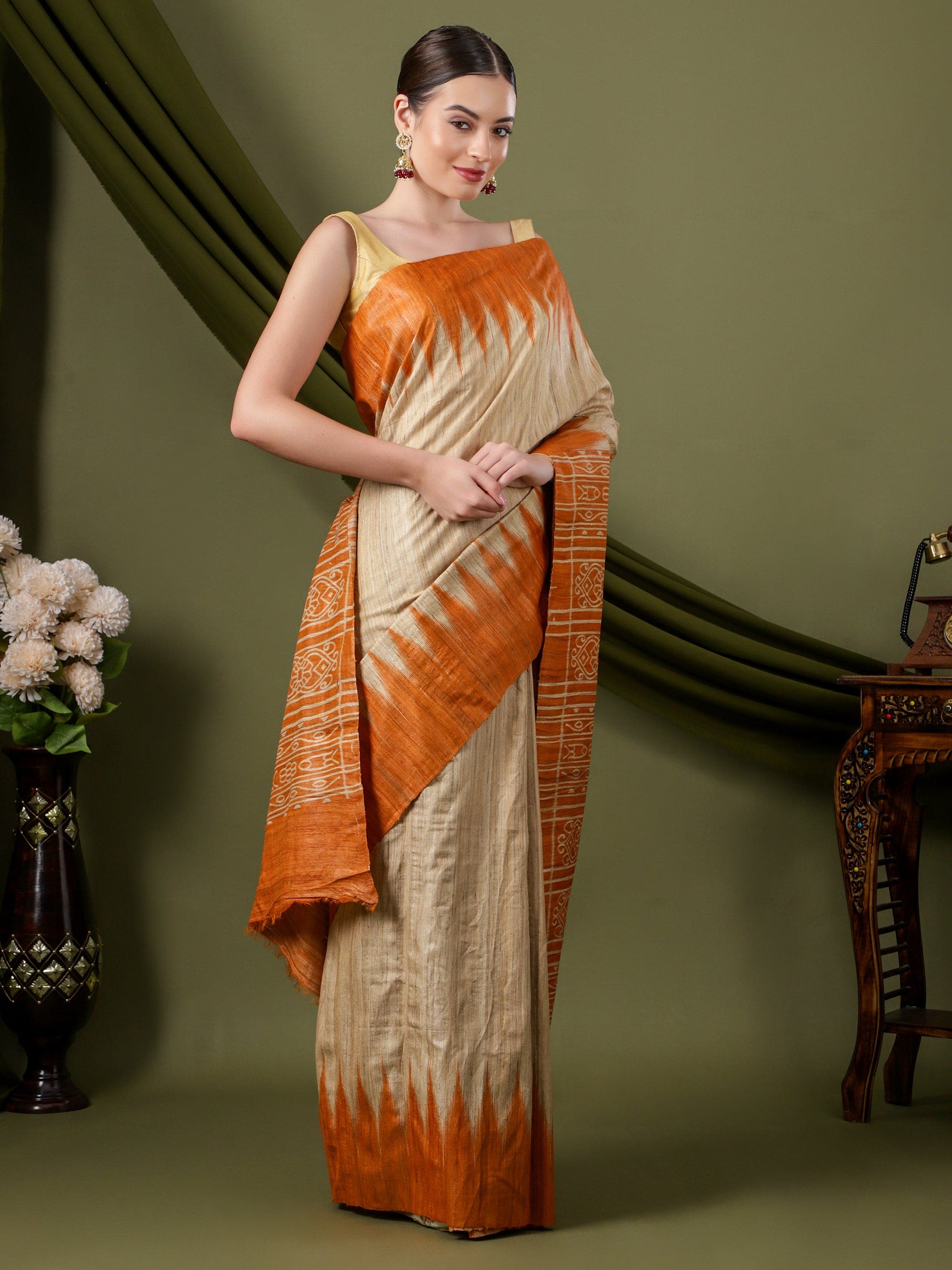 Madhubani Silk Saree - Beige & Orange - Charkha TalesMadhubani Silk Saree - Beige & Orange