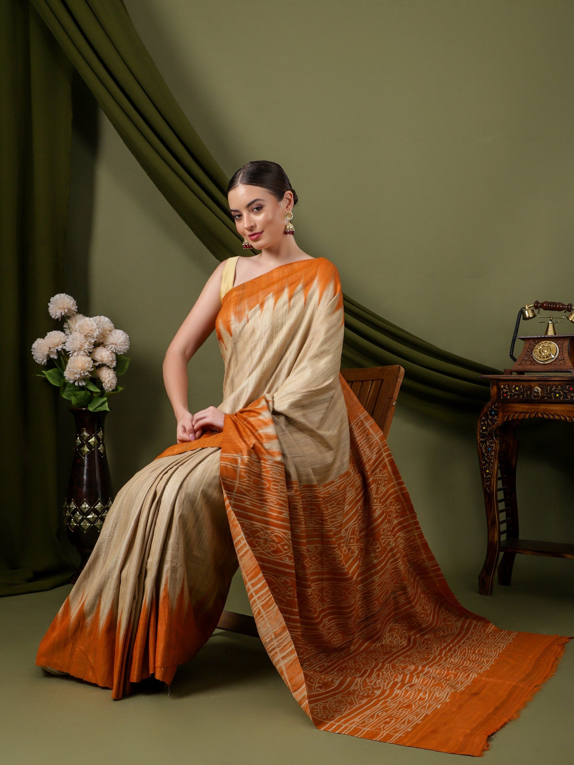 Madhubani Silk Saree - Beige & Orange - Charkha TalesMadhubani Silk Saree - Beige & Orange