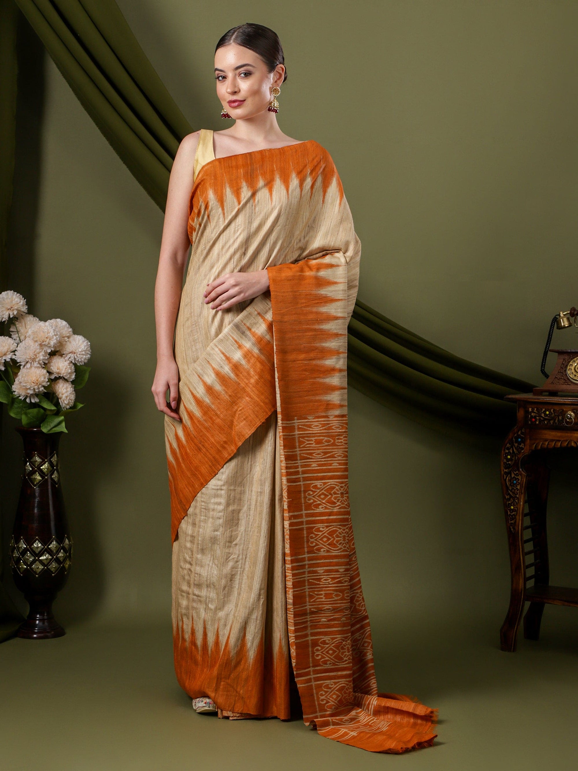 Madhubani Silk Saree - Beige & Orange - Charkha TalesMadhubani Silk Saree - Beige & Orange