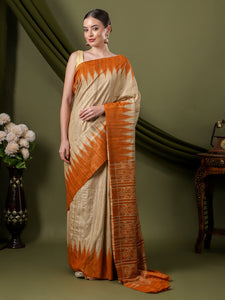 Madhubani Silk Saree - Beige & Orange
