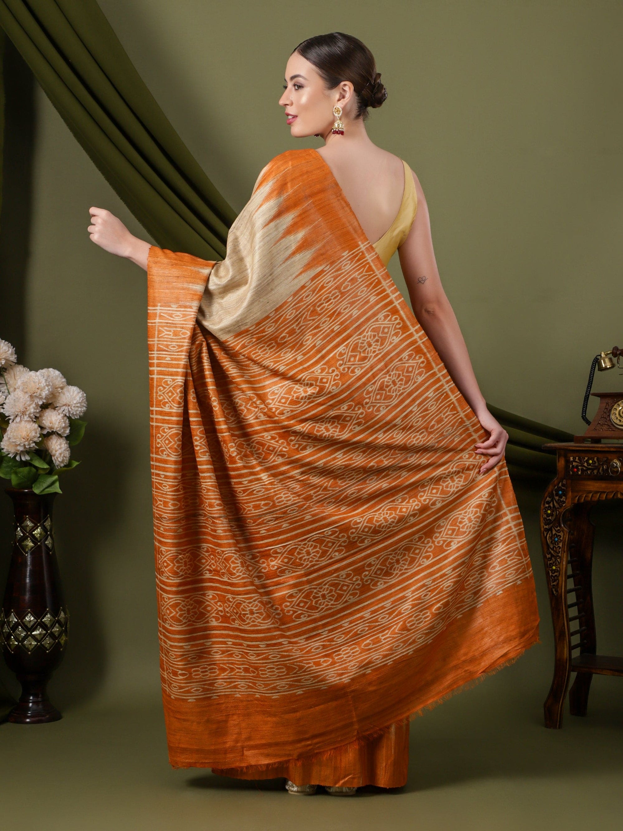 Madhubani Silk Saree - Beige & Orange - Charkha TalesMadhubani Silk Saree - Beige & Orange
