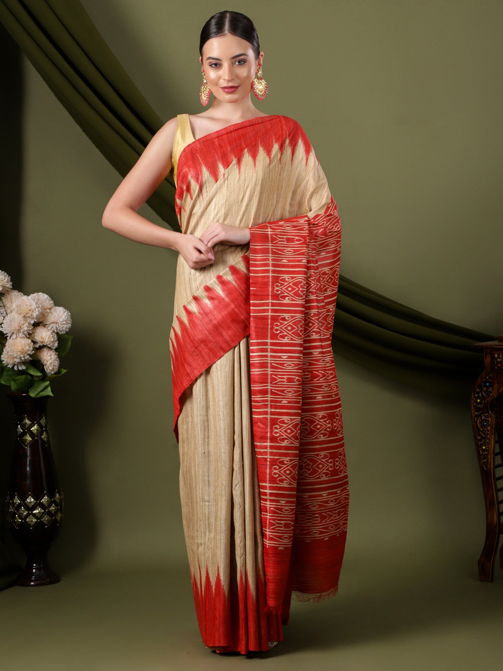 Madhubani Silk Saree - Beige & Red - Charkha TalesMadhubani Silk Saree - Beige & Red