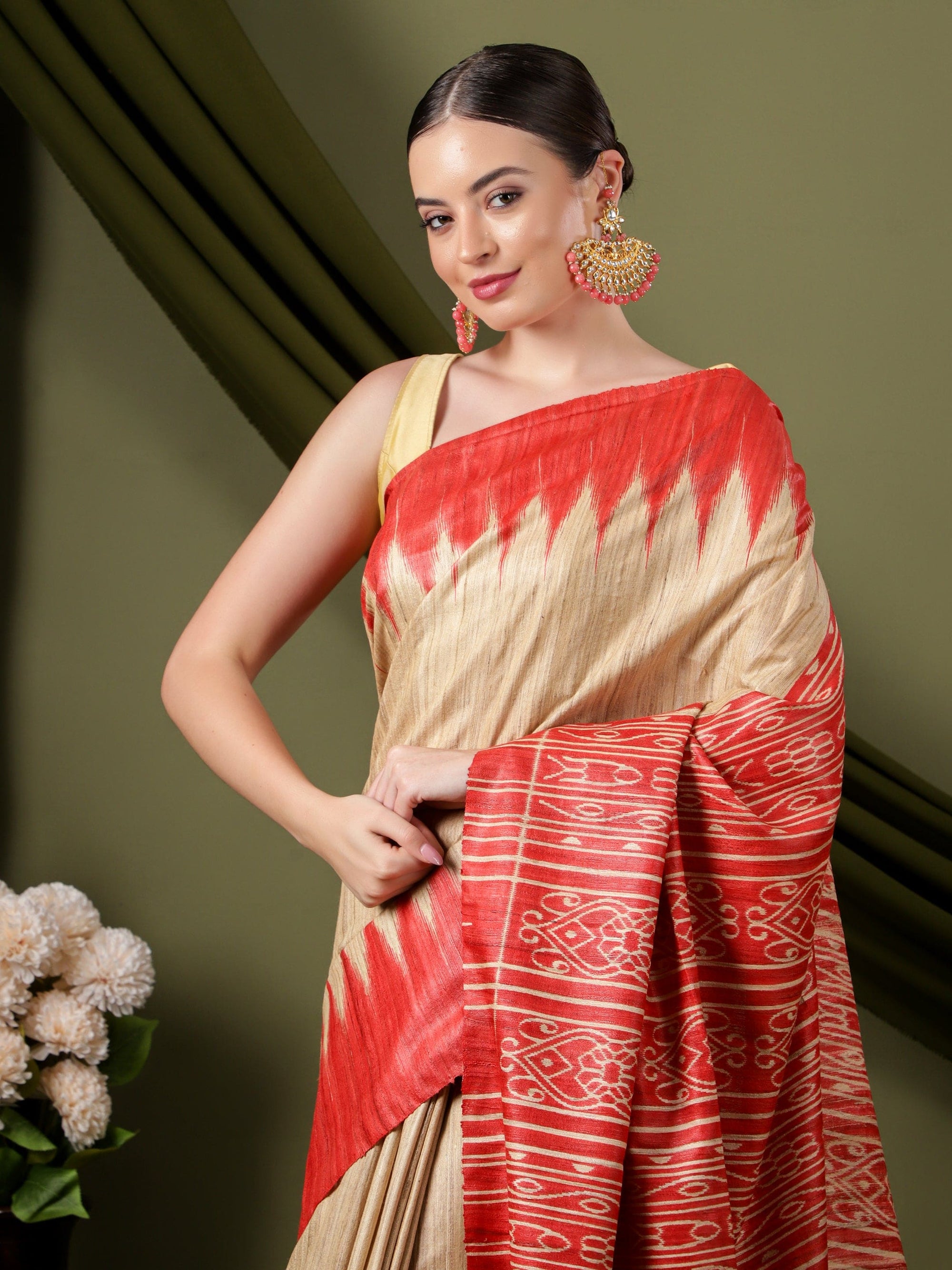 Madhubani Silk Saree - Beige & Red - Charkha TalesMadhubani Silk Saree - Beige & Red