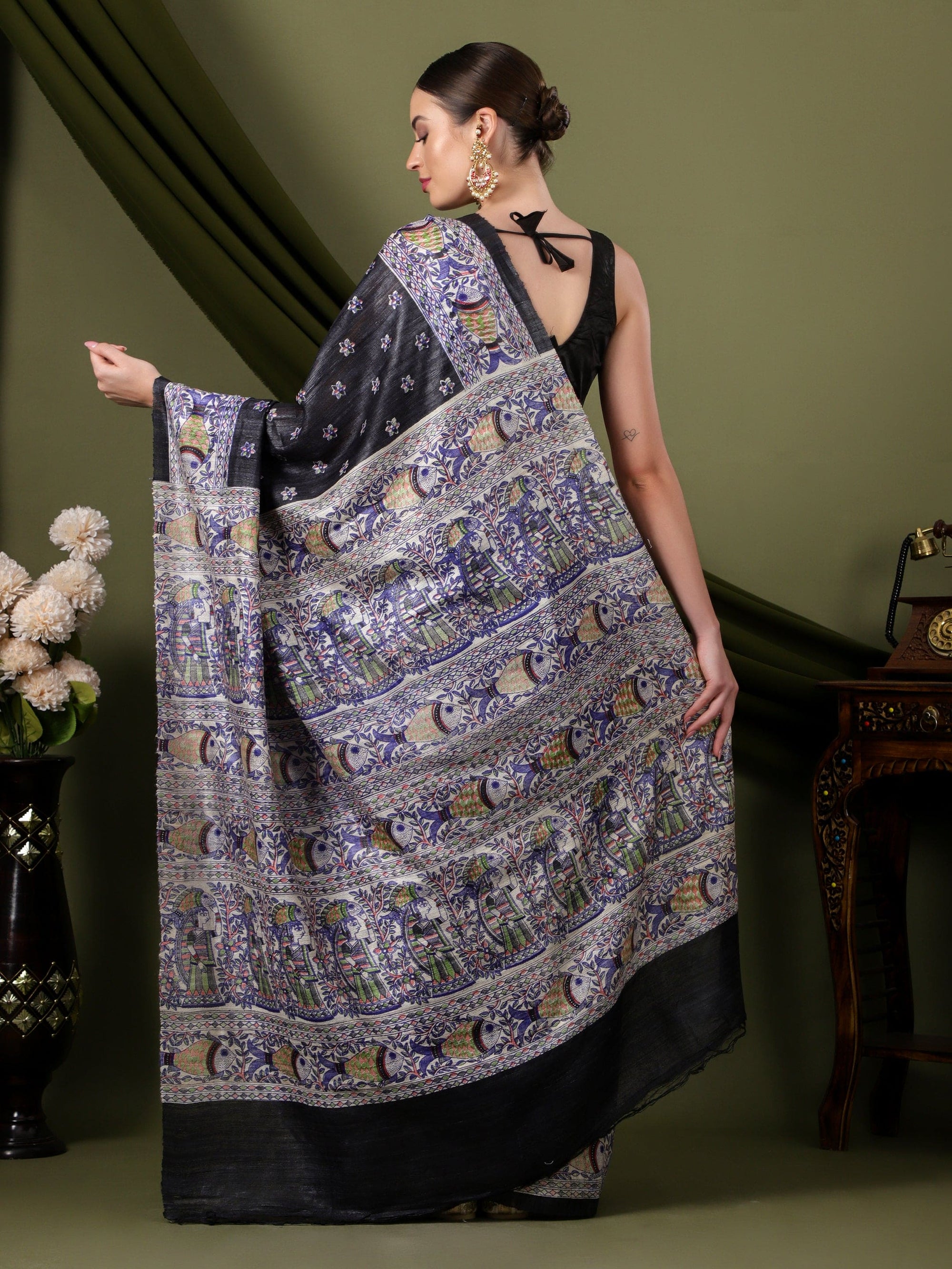 Madhubani Silk Saree - Black - Charkha TalesMadhubani Silk Saree - Black