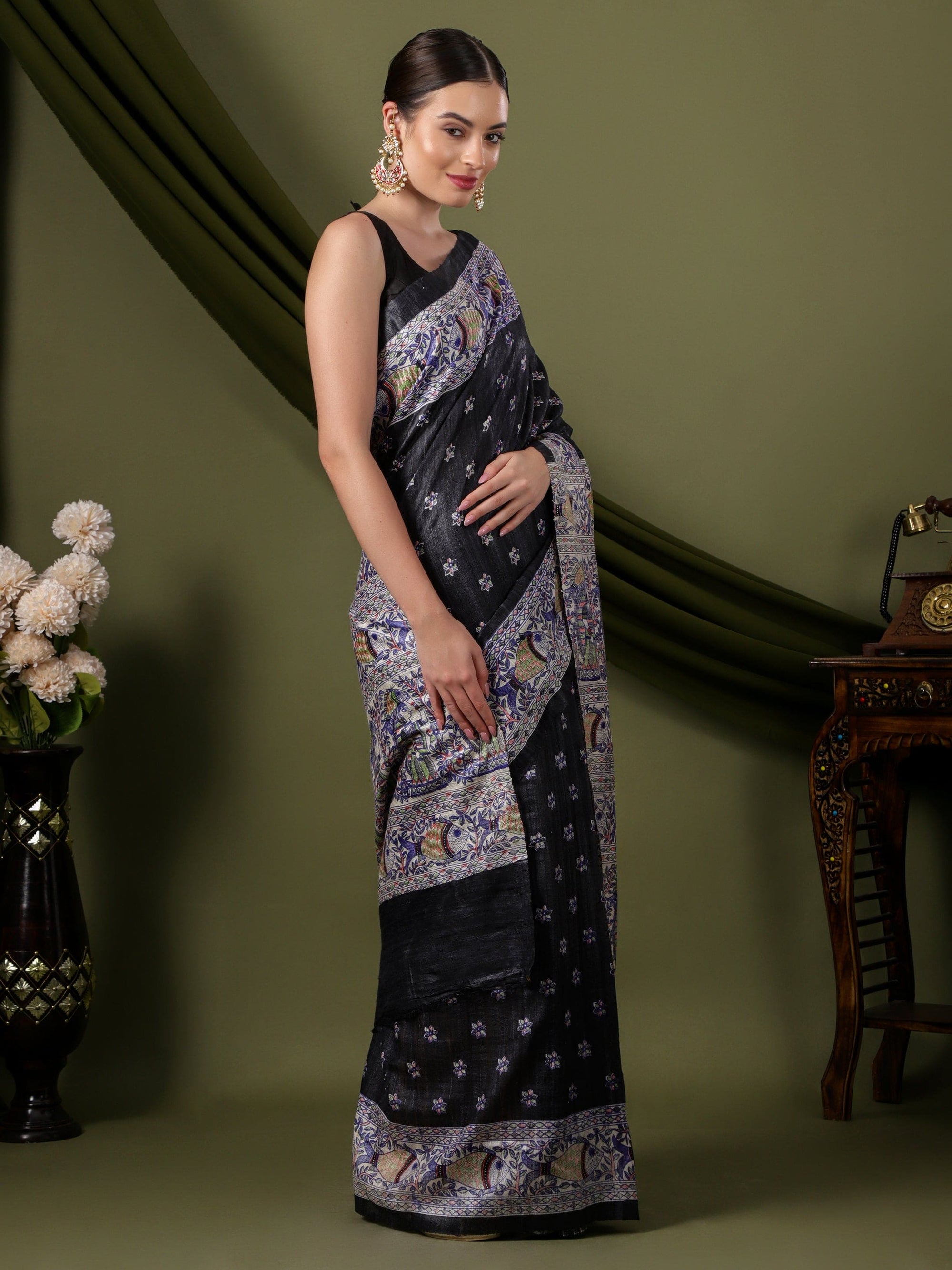 Madhubani Silk Saree - Black - Charkha TalesMadhubani Silk Saree - Black