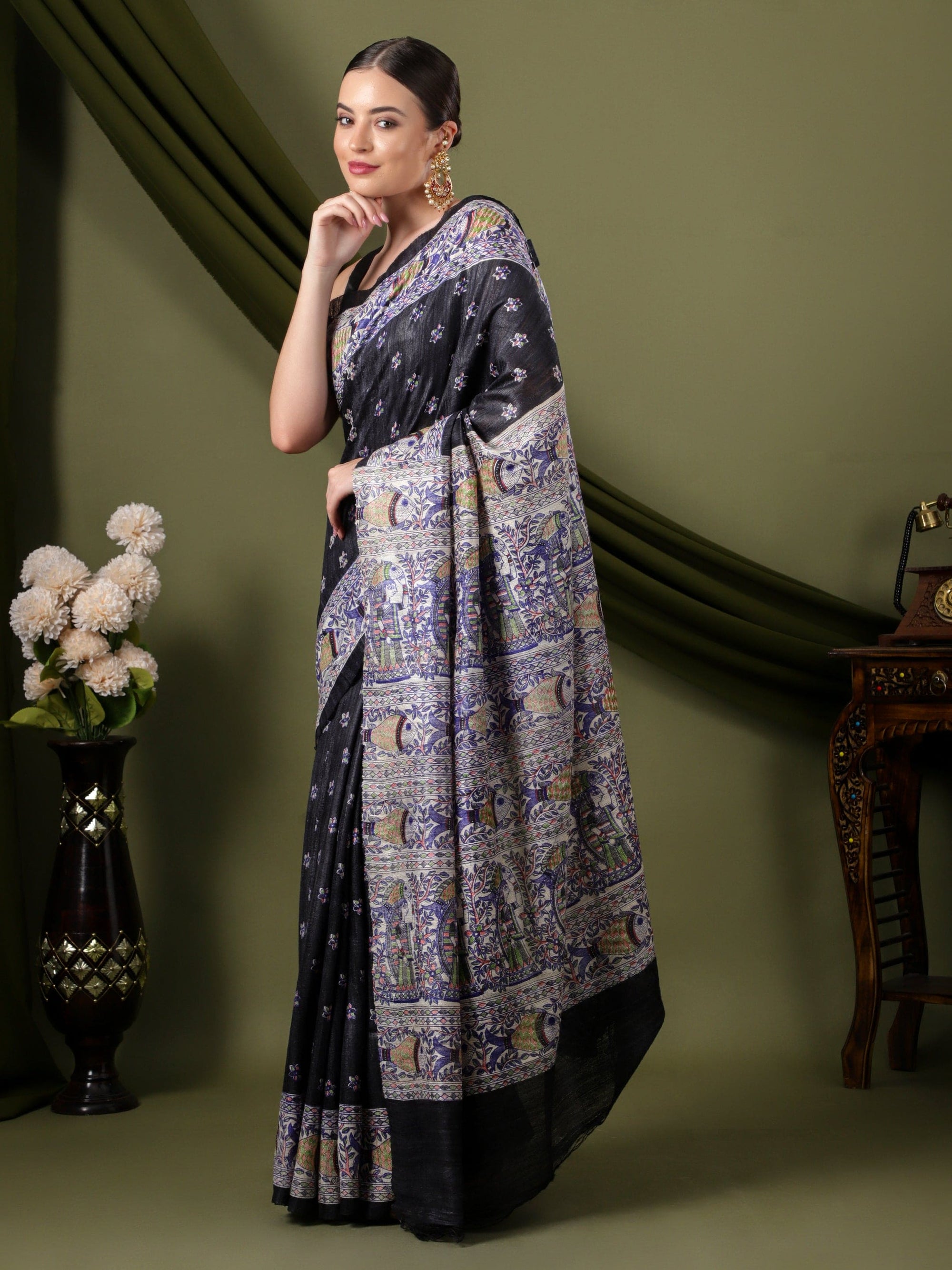 Madhubani Silk Saree - Black - Charkha TalesMadhubani Silk Saree - Black