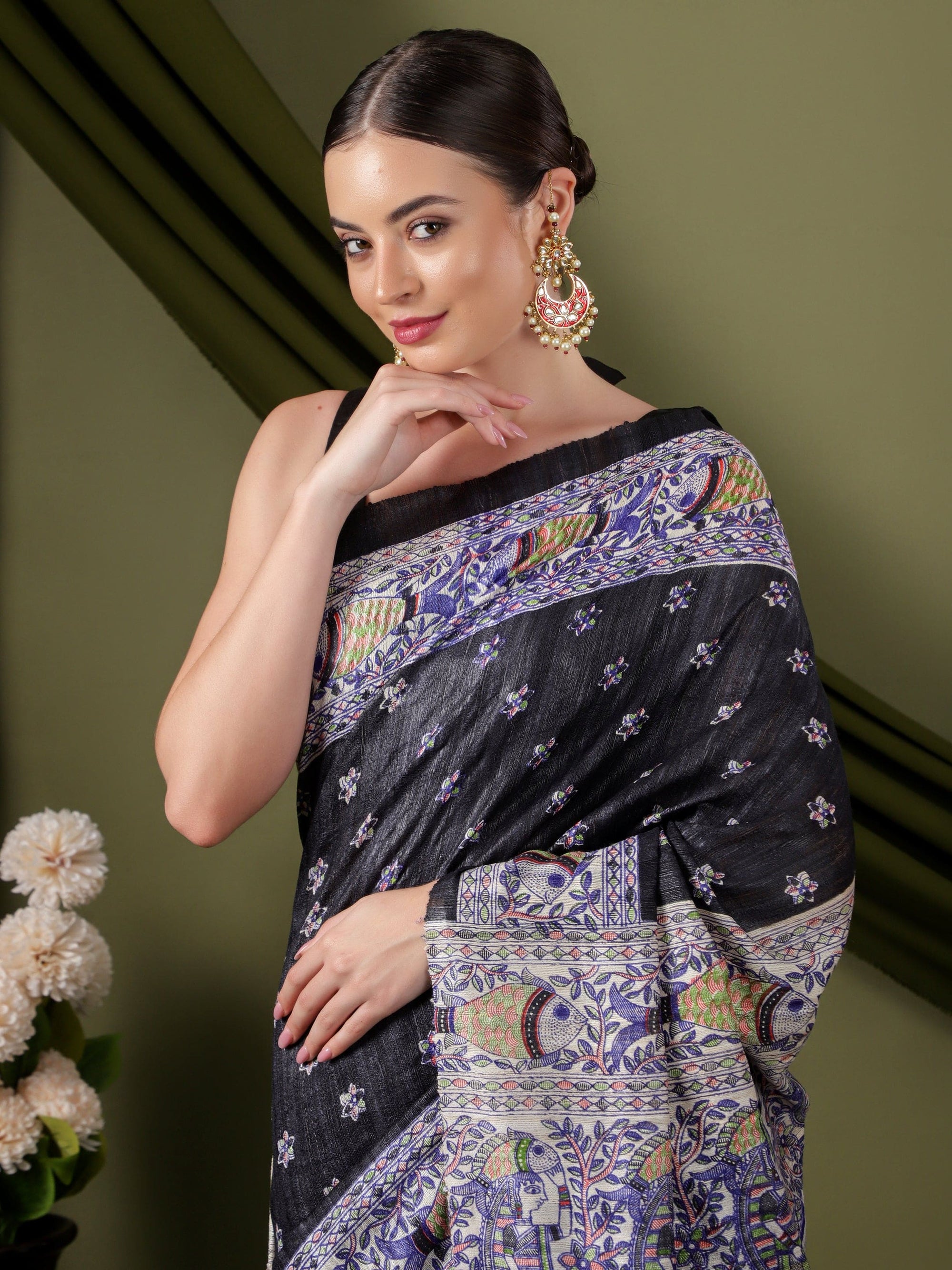 Madhubani Silk Saree - Black - Charkha TalesMadhubani Silk Saree - Black