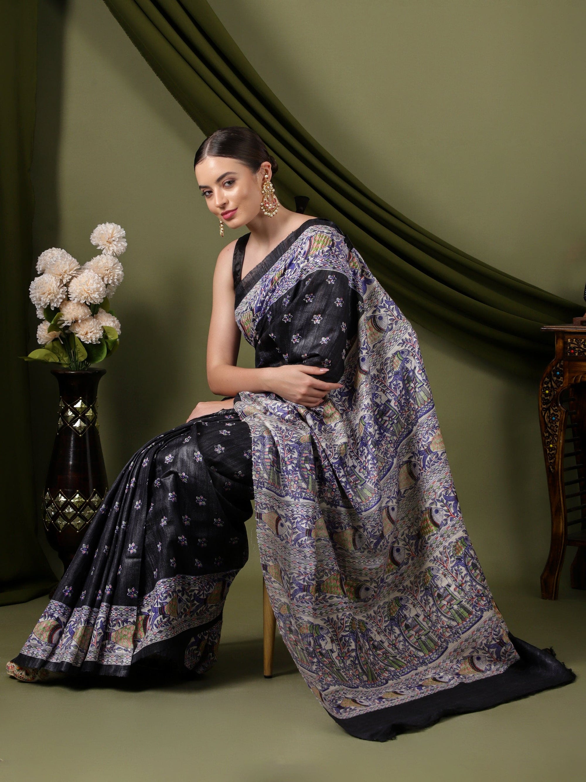 Madhubani Silk Saree - Black - Charkha TalesMadhubani Silk Saree - Black