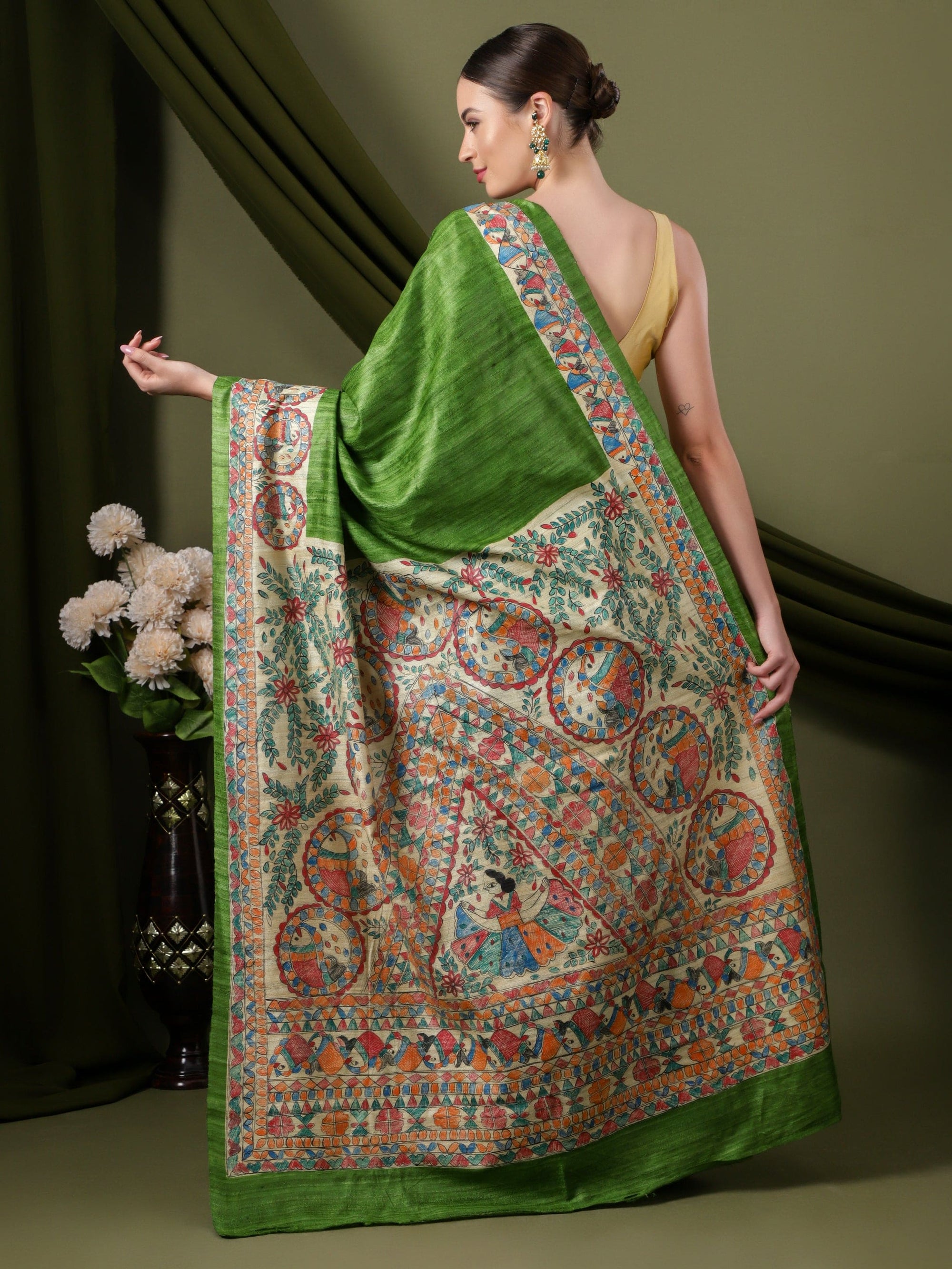 Madhubani Silk Saree - Green - Charkha TalesMadhubani Silk Saree - Green