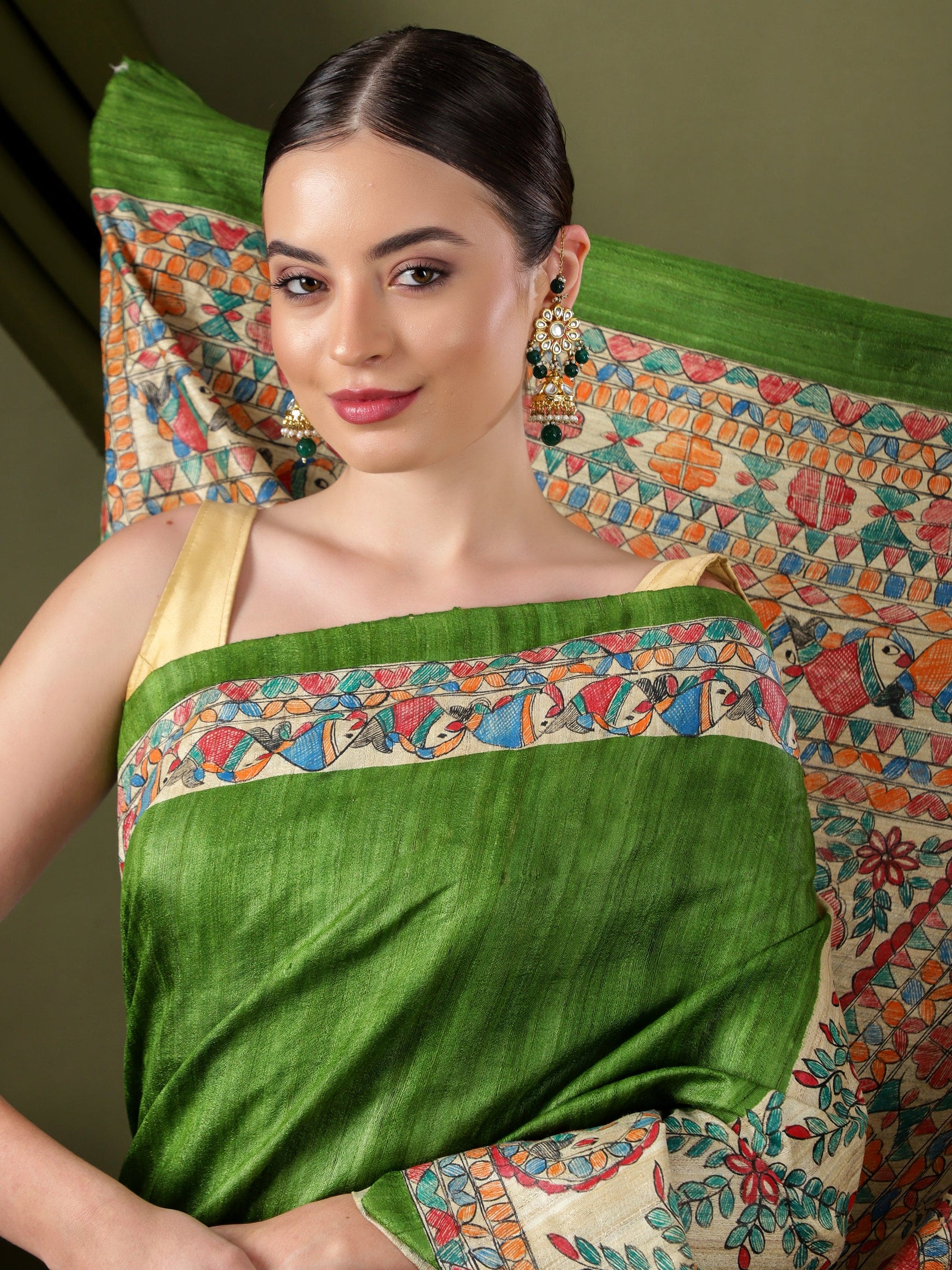 Madhubani Silk Saree - Green - Charkha TalesMadhubani Silk Saree - Green
