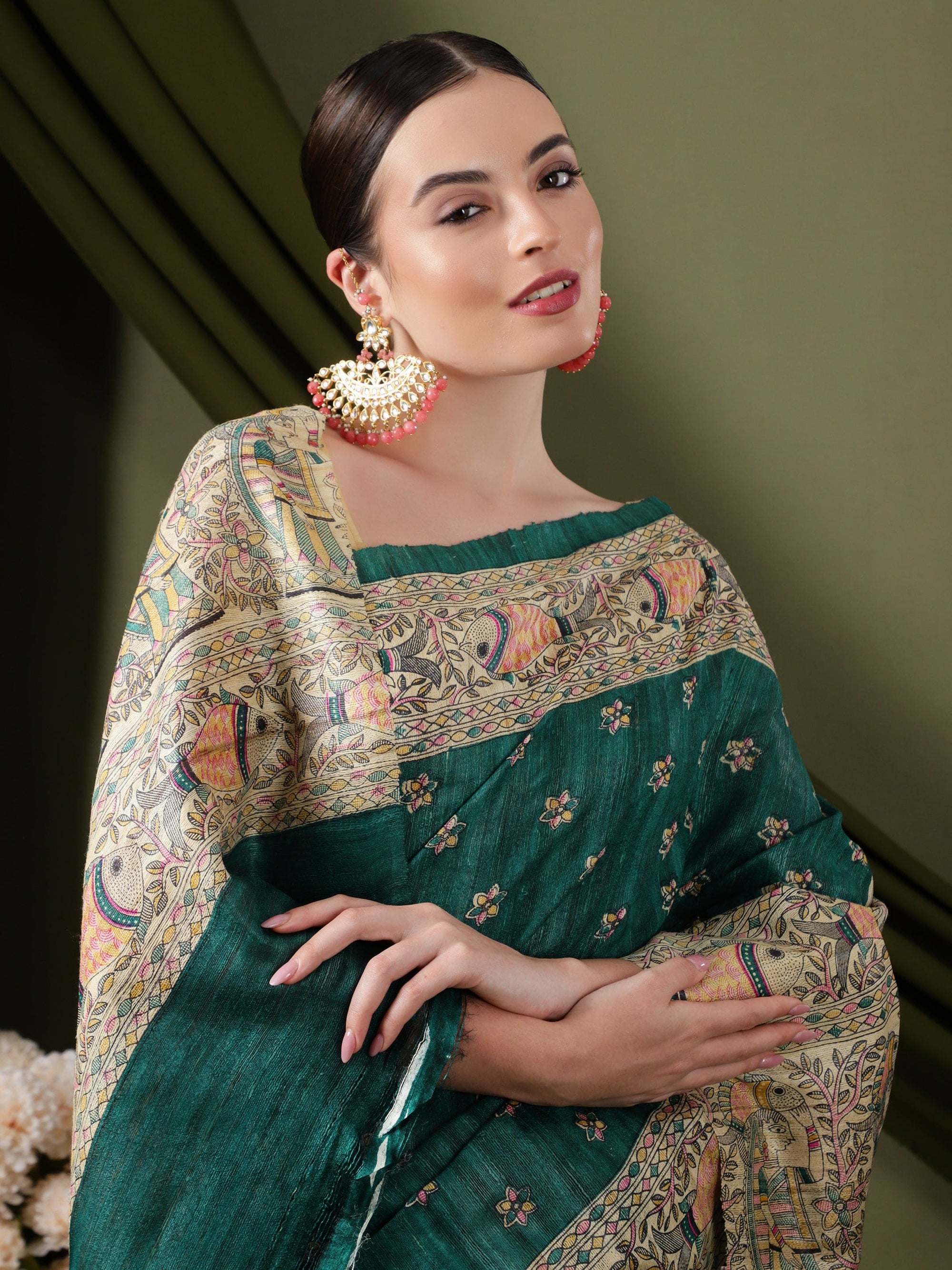 Madhubani Silk Saree - Green - Charkha TalesMadhubani Silk Saree - Green