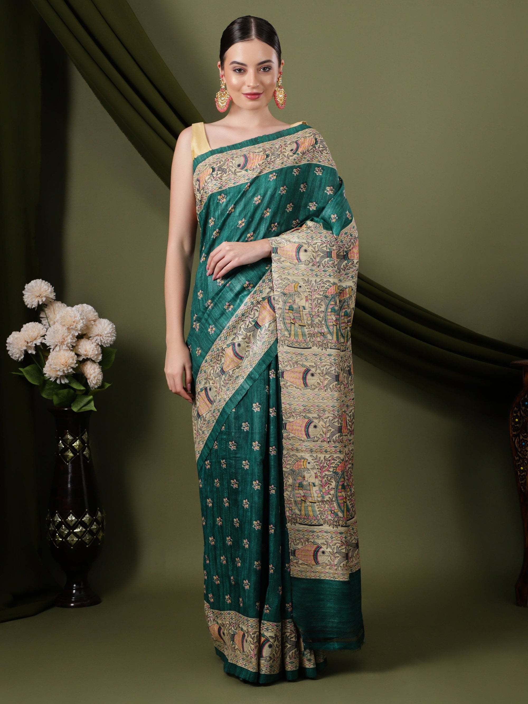 Madhubani Silk Saree - Green - Charkha TalesMadhubani Silk Saree - Green