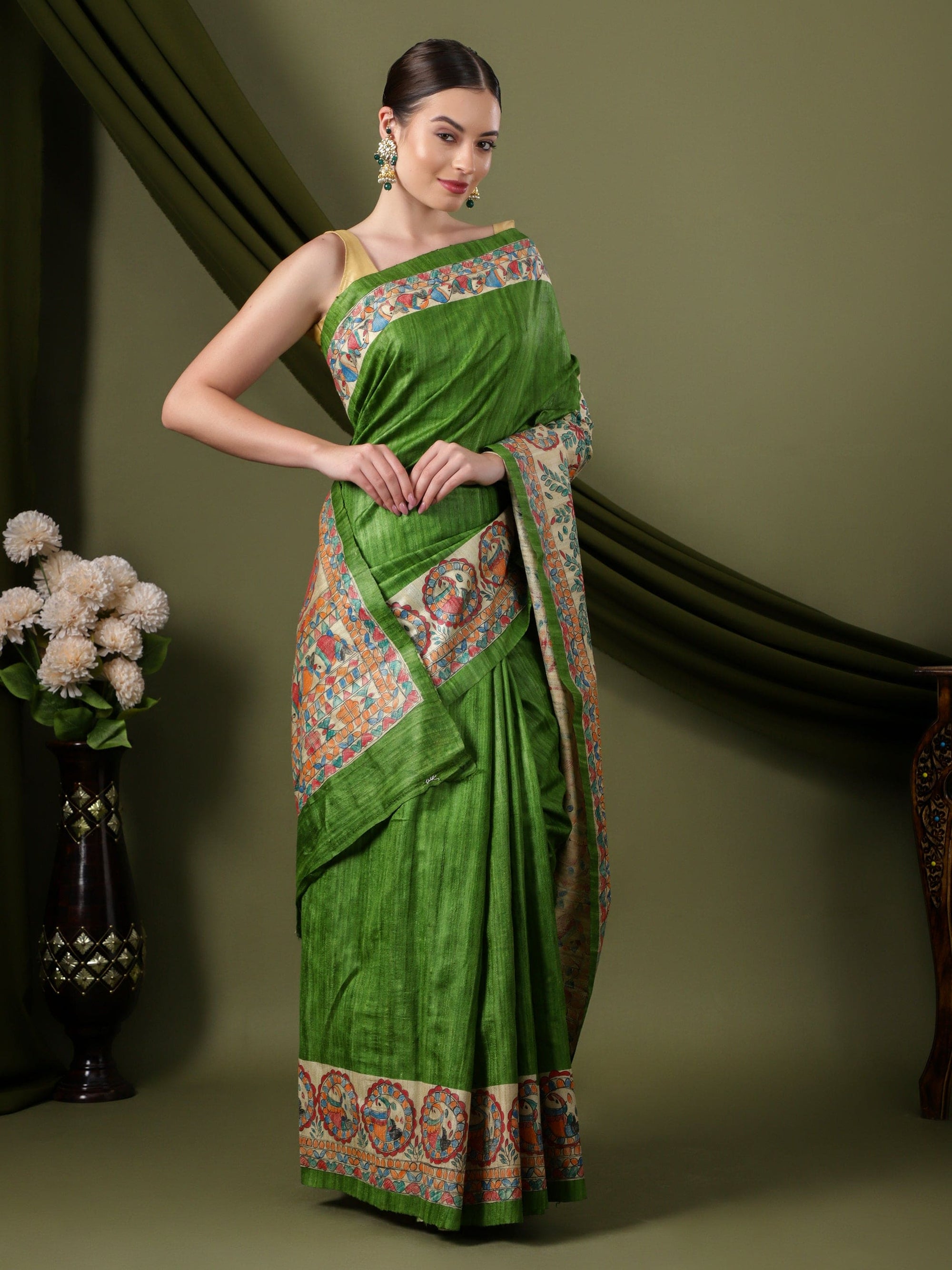 Madhubani Silk Saree - Green - Charkha TalesMadhubani Silk Saree - Green