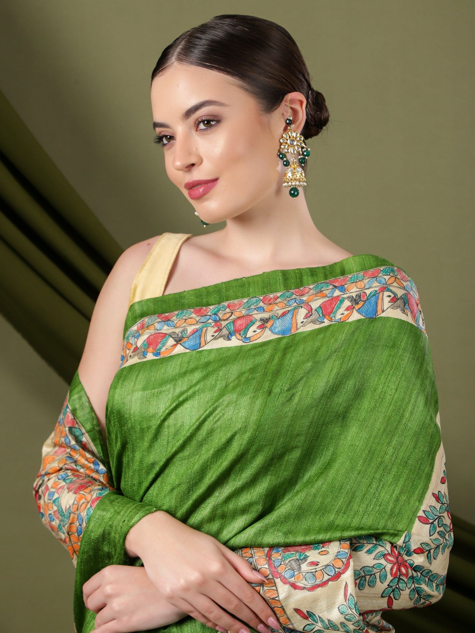 Madhubani Silk Saree - Green - Charkha TalesMadhubani Silk Saree - Green