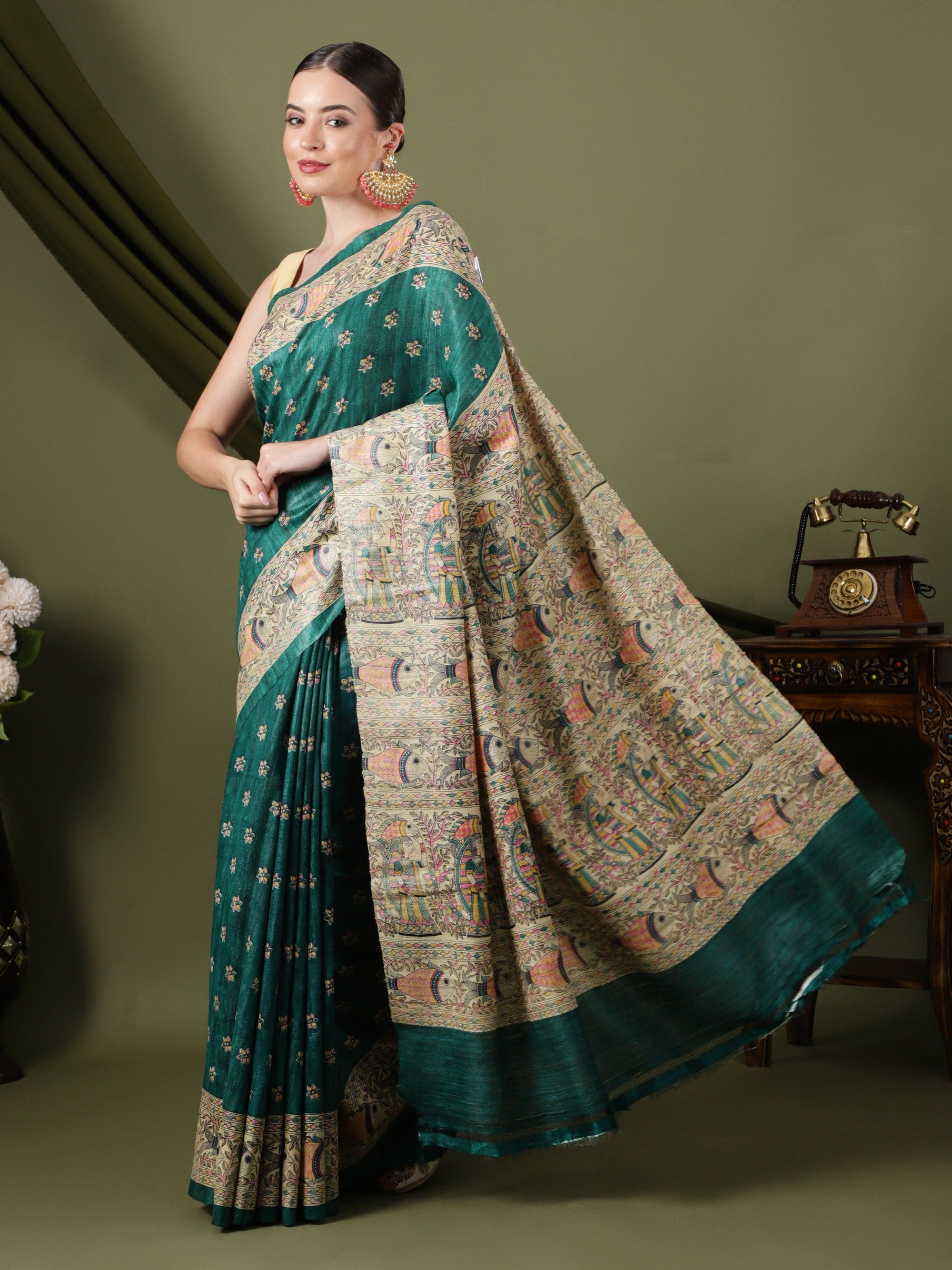 Madhubani Silk Saree - Green - Charkha TalesMadhubani Silk Saree - Green