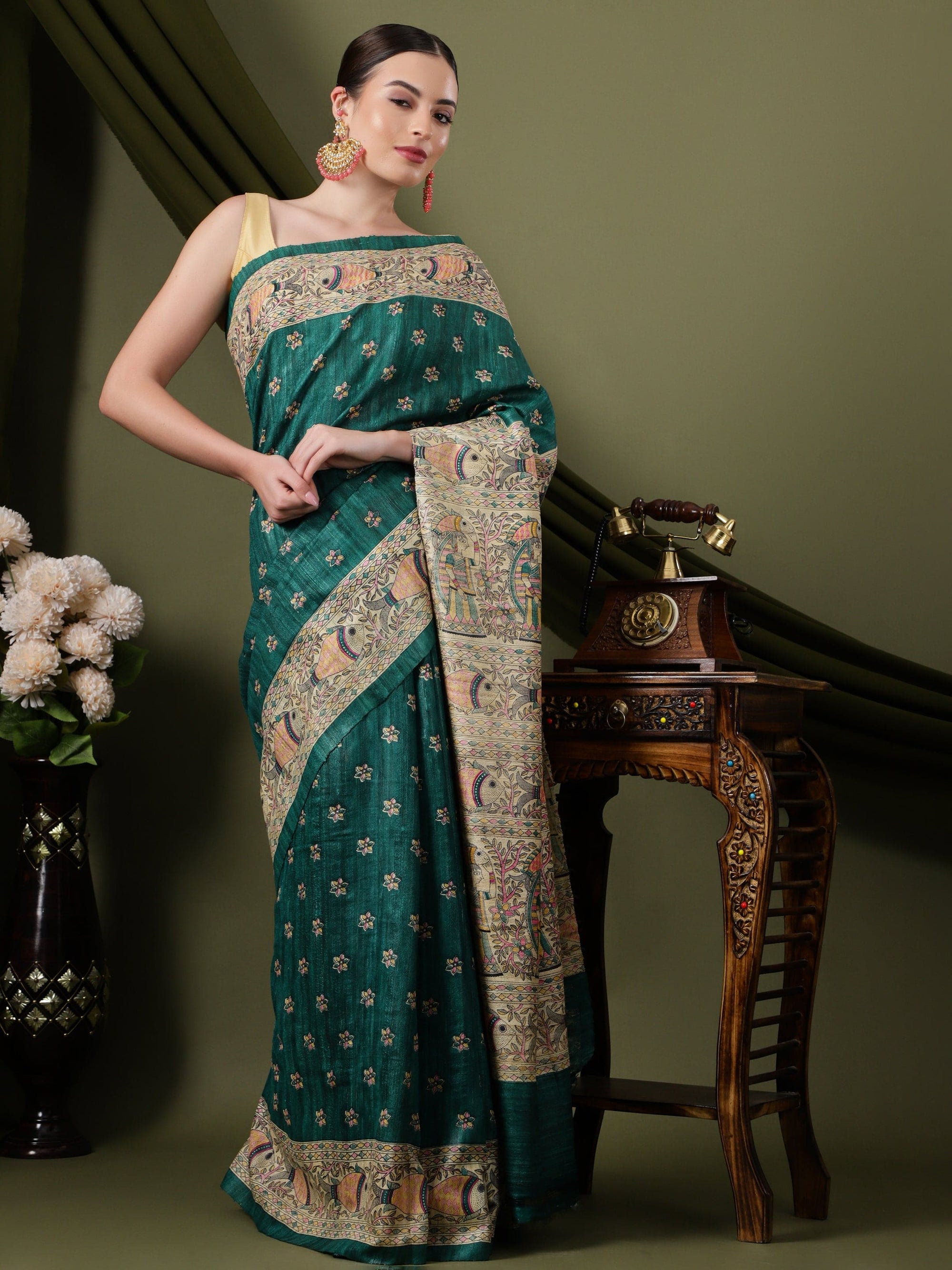 Madhubani Silk Saree - Green - Charkha TalesMadhubani Silk Saree - Green
