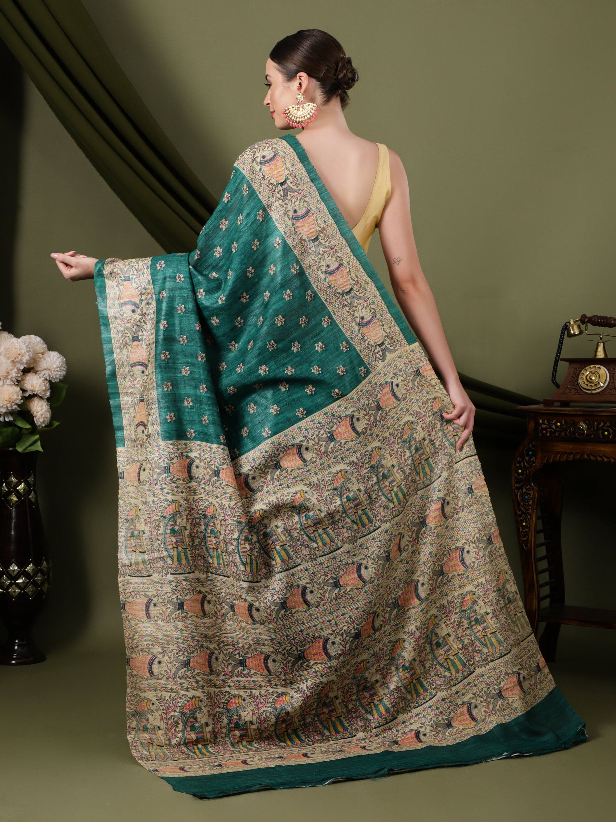 Madhubani Silk Saree - Green - Charkha TalesMadhubani Silk Saree - Green