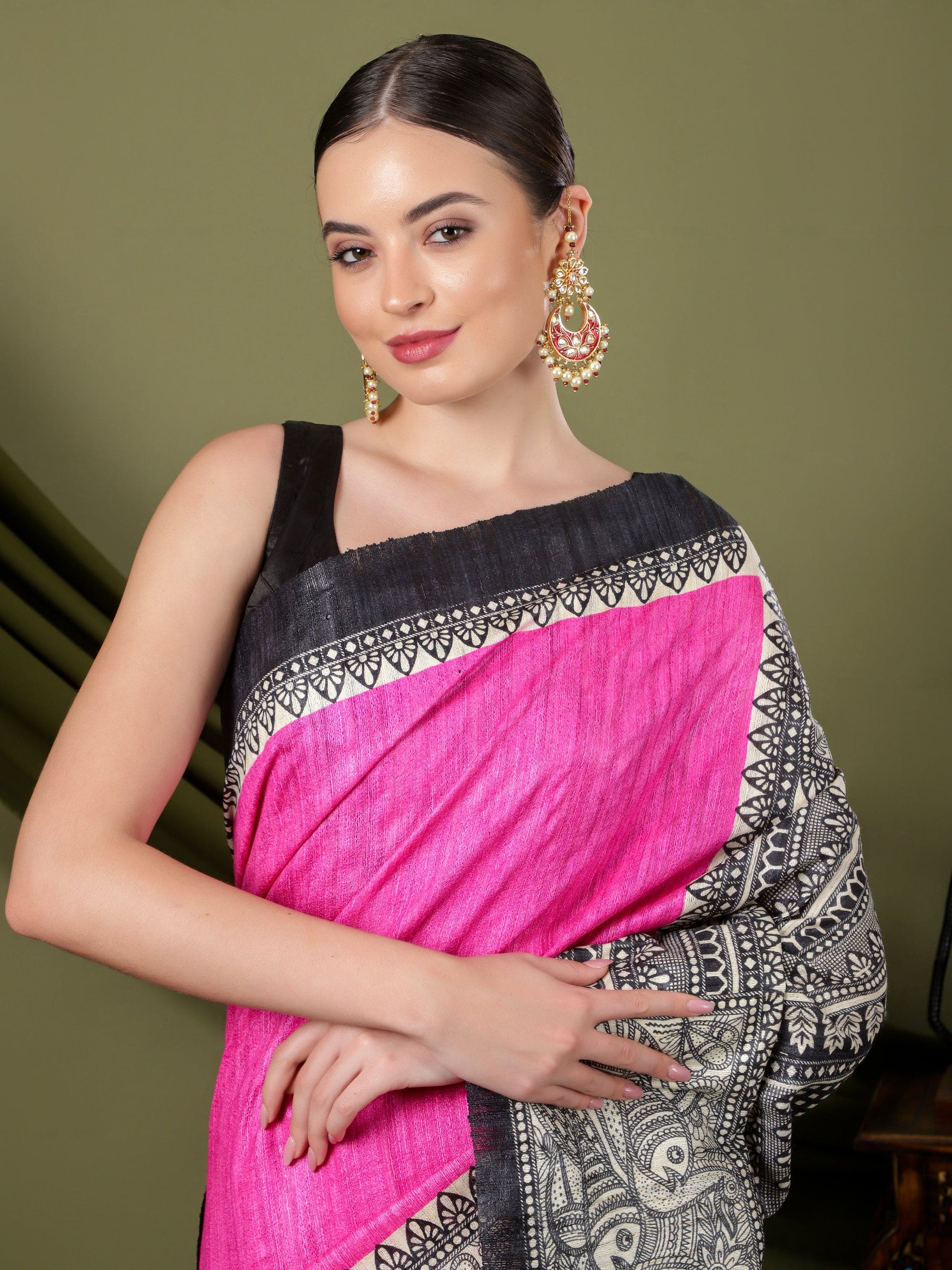 Madhubani Silk Saree - Pink - Charkha TalesMadhubani Silk Saree - Pink
