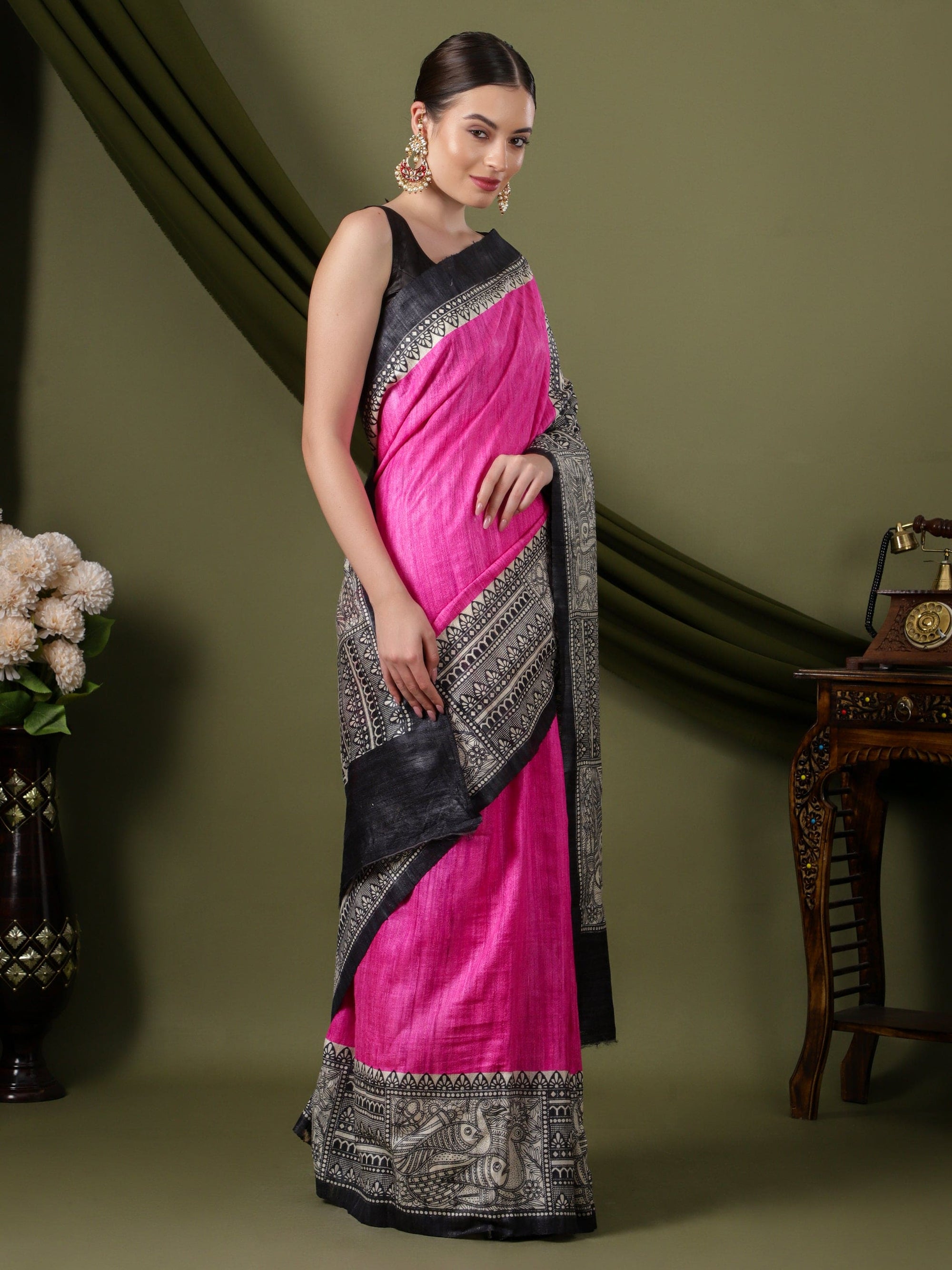 Madhubani Silk Saree - Pink - Charkha TalesMadhubani Silk Saree - Pink