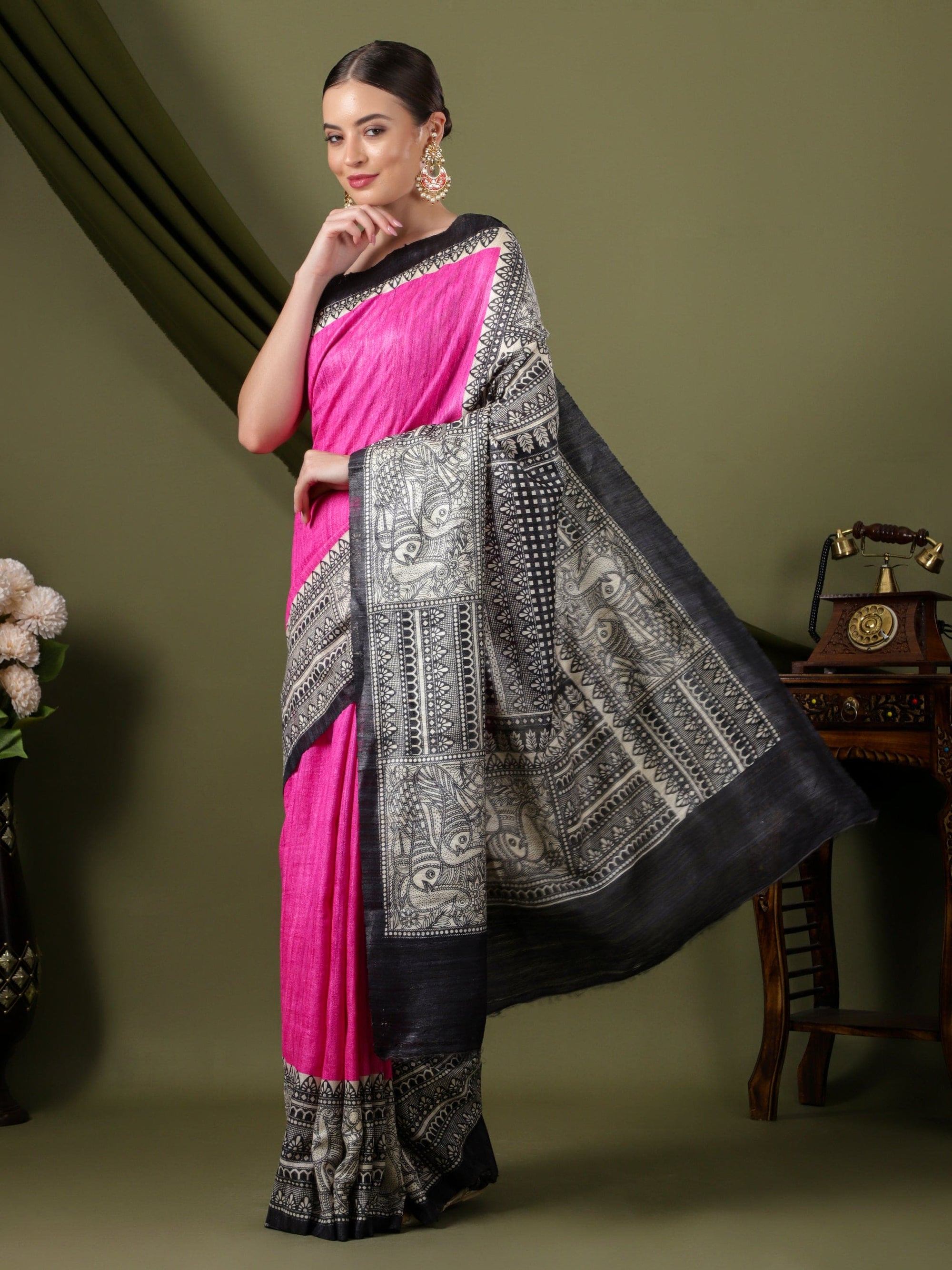 Madhubani Silk Saree - Pink - Charkha TalesMadhubani Silk Saree - Pink
