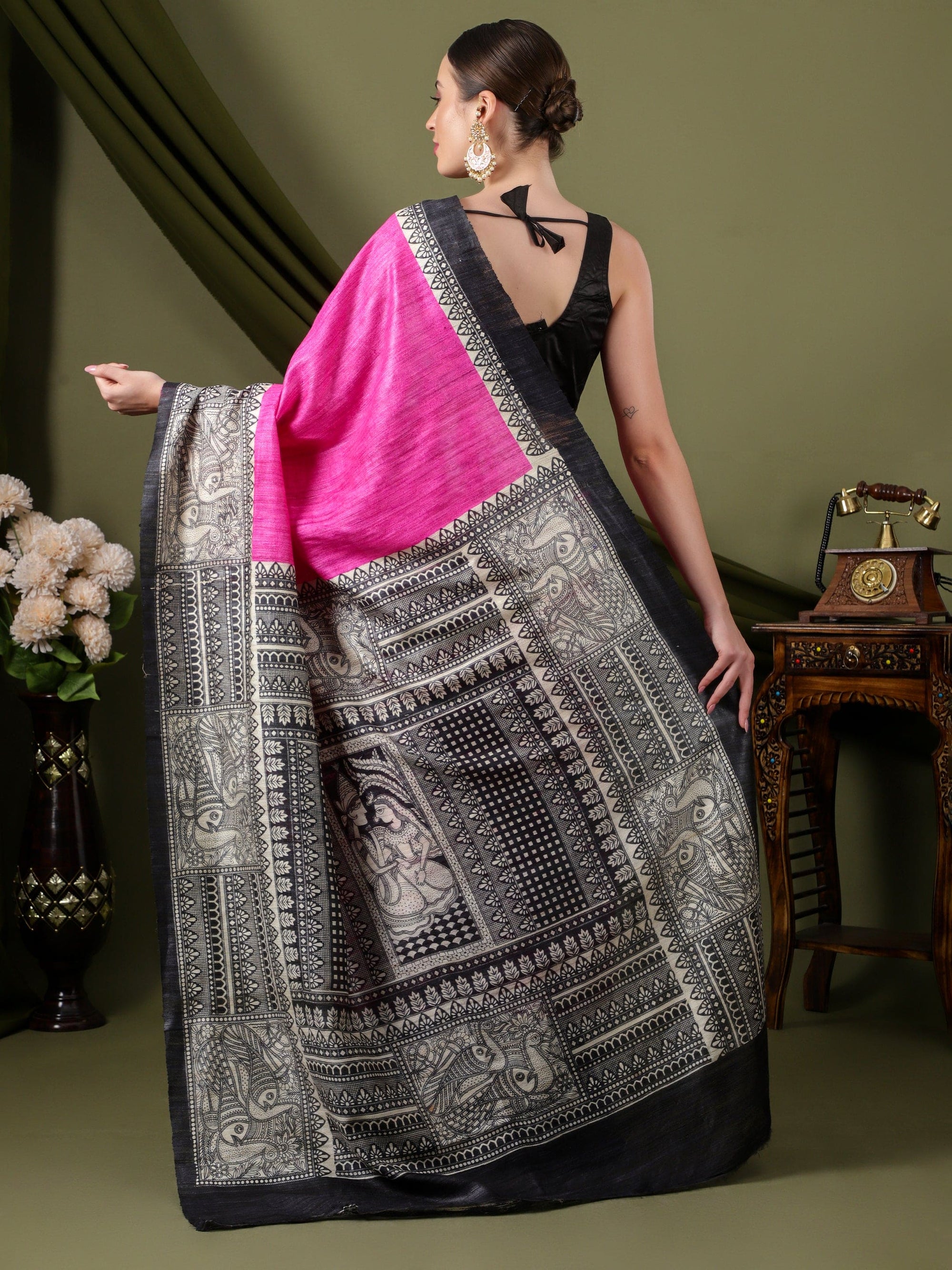 Madhubani Silk Saree - Pink - Charkha TalesMadhubani Silk Saree - Pink