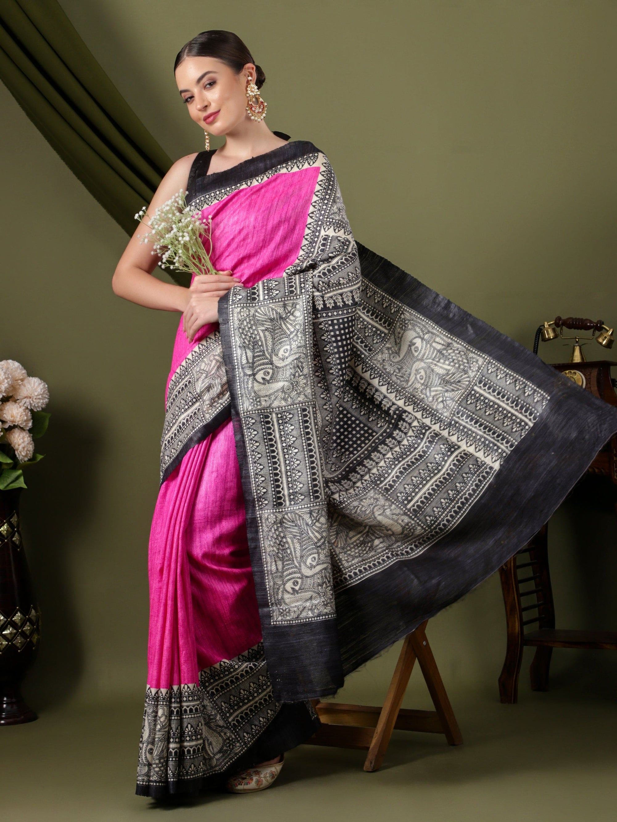 Madhubani Silk Saree - Pink - Charkha TalesMadhubani Silk Saree - Pink