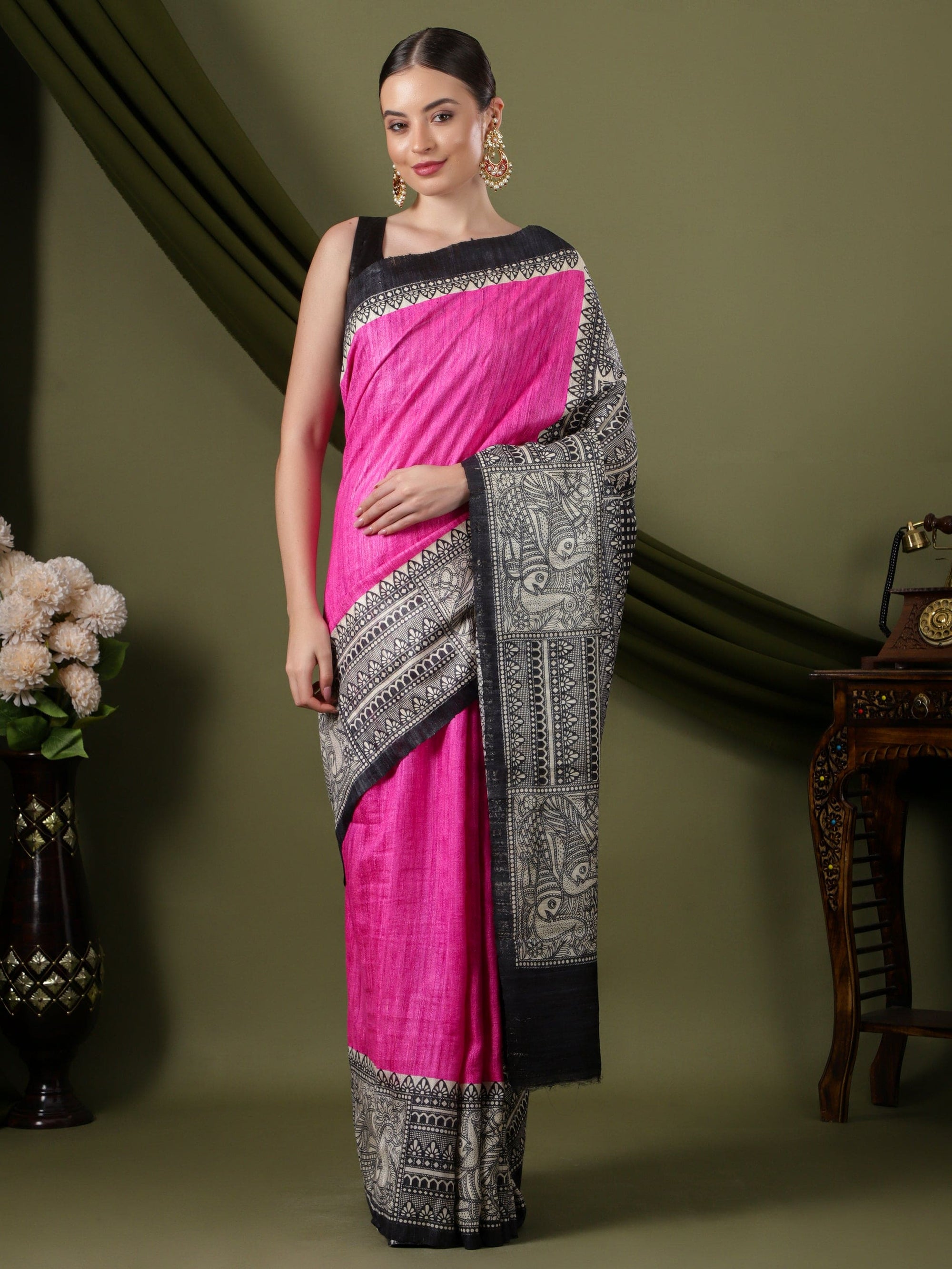 Madhubani Silk Saree - Pink - Charkha TalesMadhubani Silk Saree - Pink