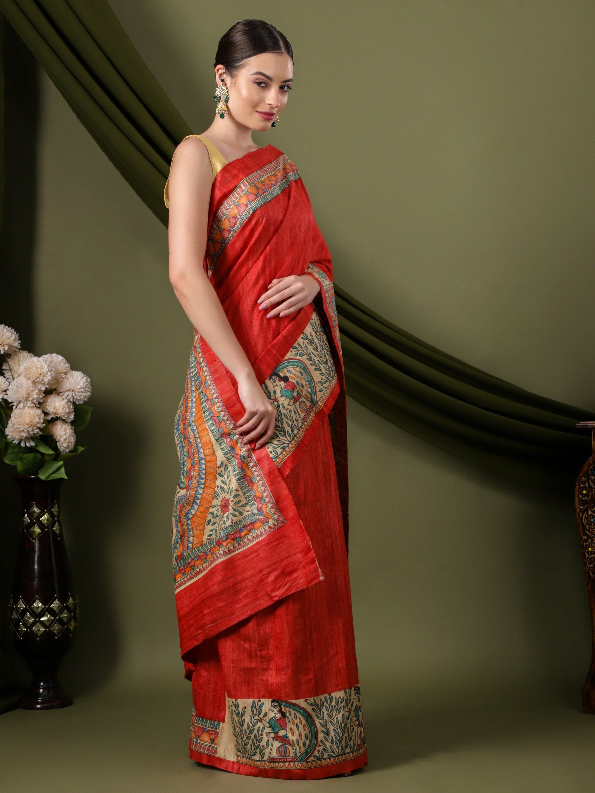 Madhubani Silk Saree - Red - Charkha TalesMadhubani Silk Saree - Red