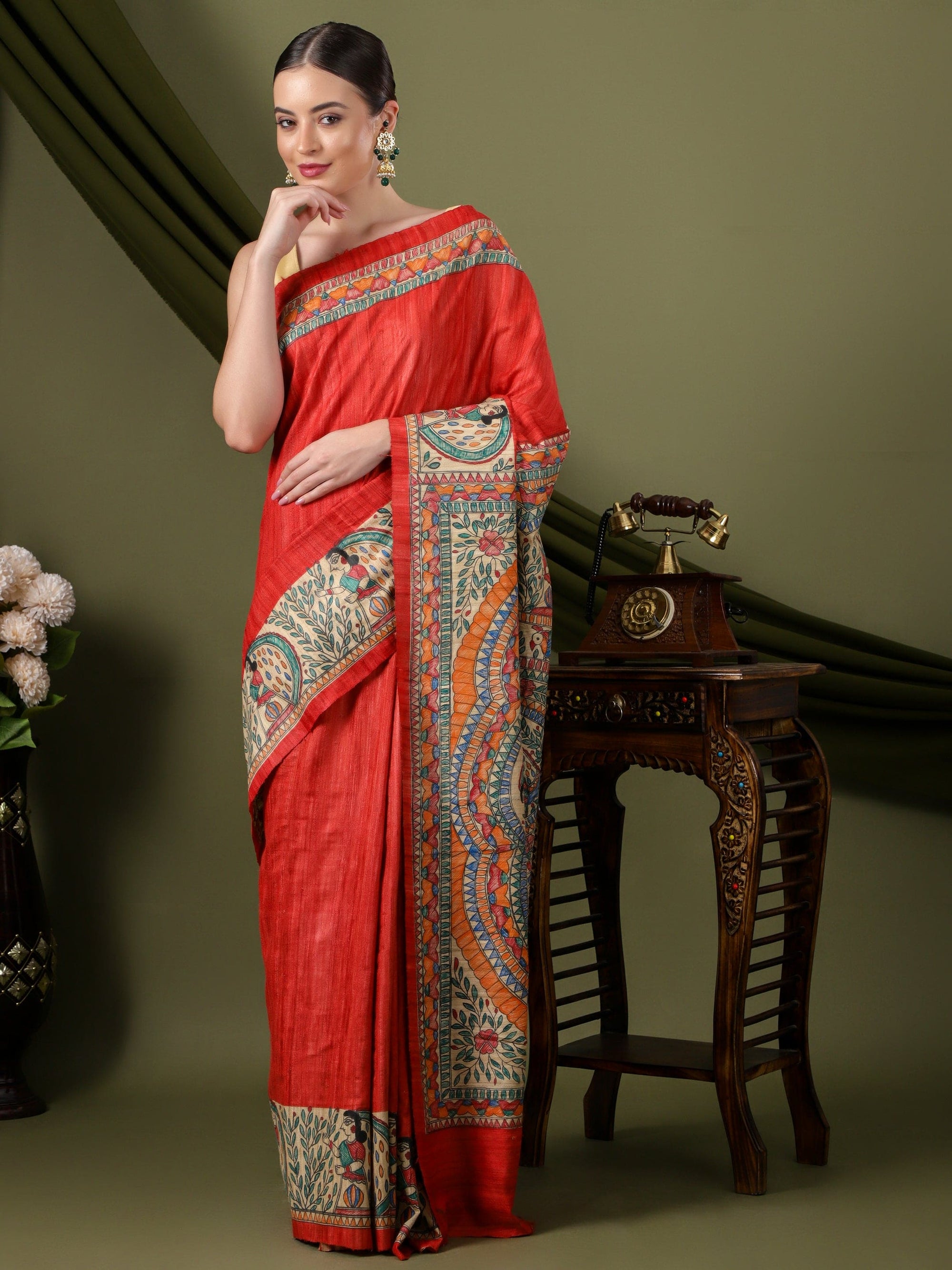 Madhubani Silk Saree - Red - Charkha TalesMadhubani Silk Saree - Red