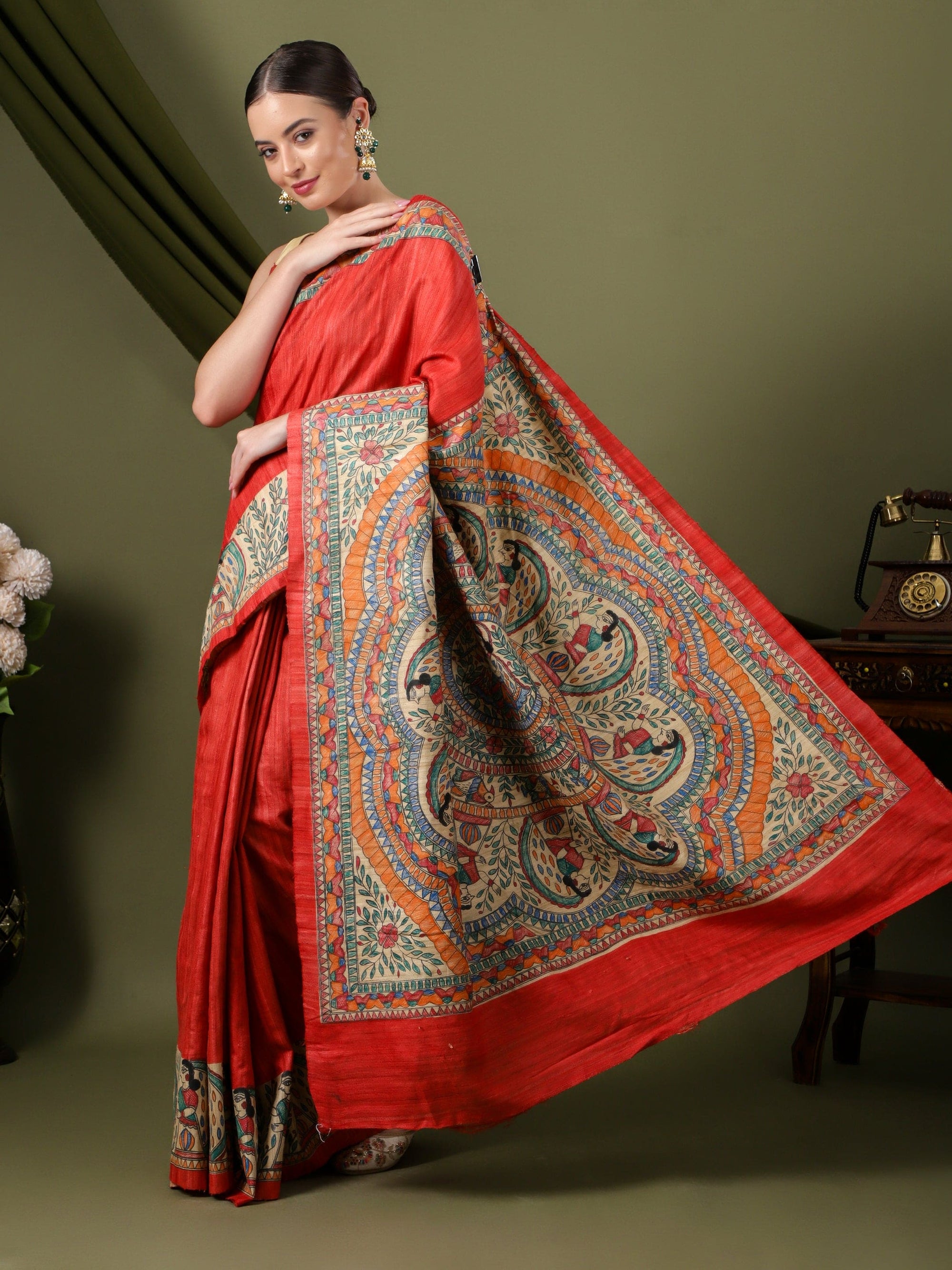 Madhubani Silk Saree - Red - Charkha TalesMadhubani Silk Saree - Red