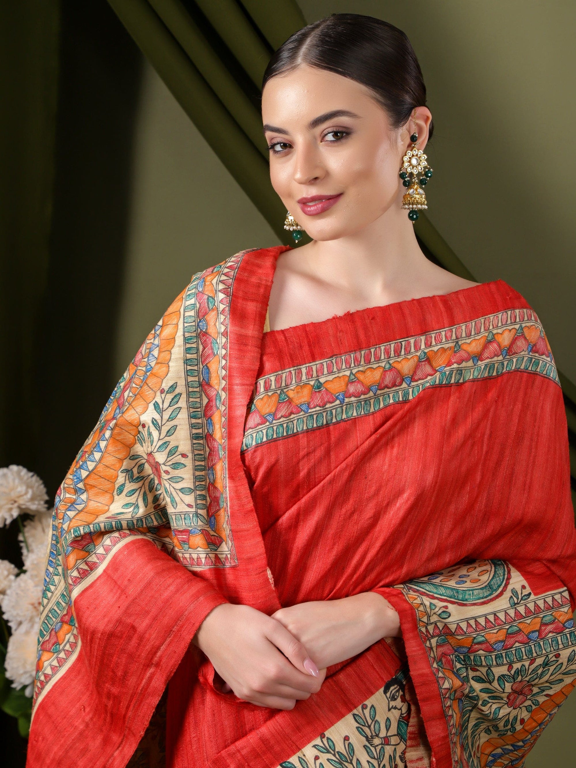 Madhubani Silk Saree - Red - Charkha TalesMadhubani Silk Saree - Red