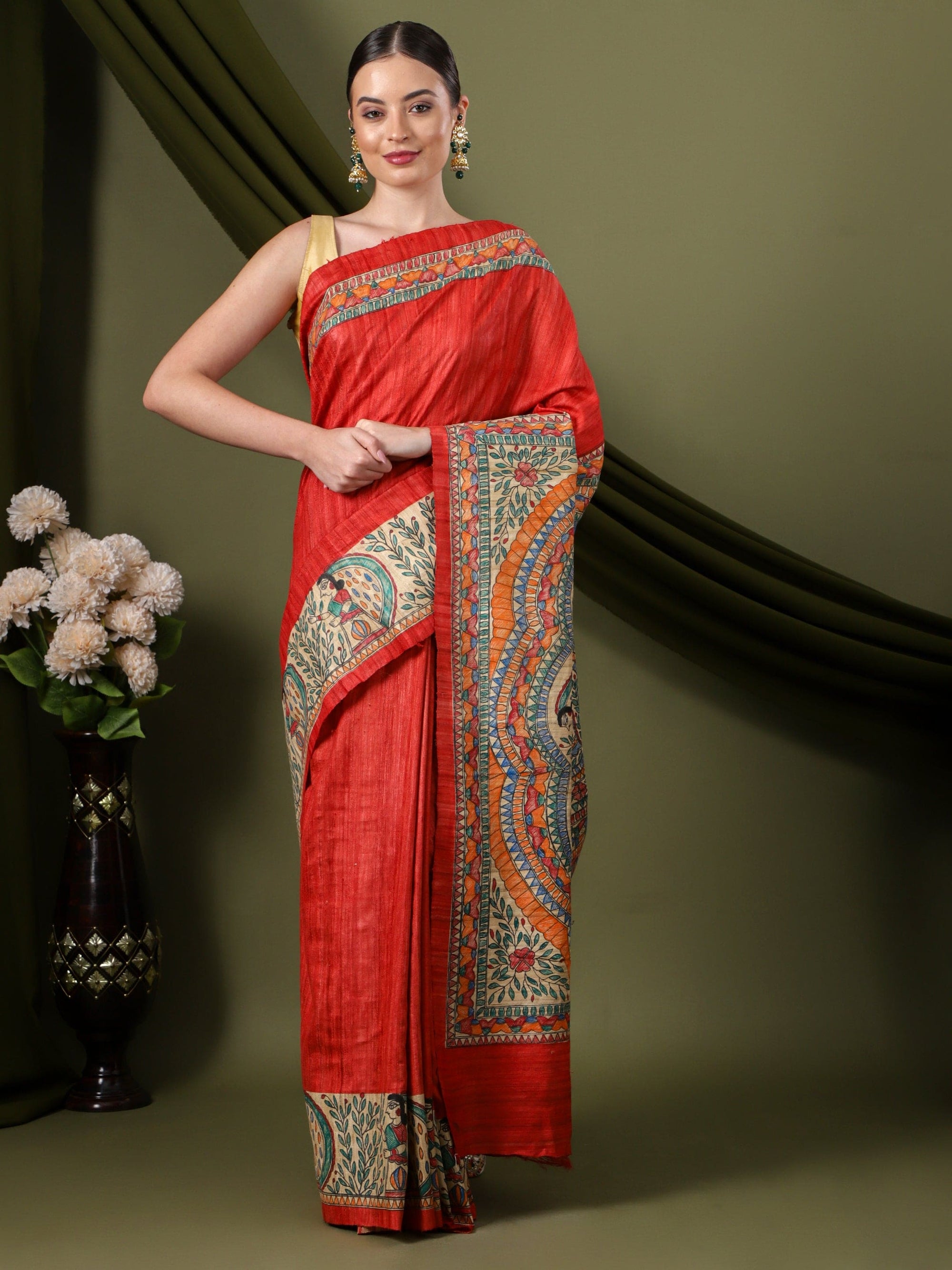 Madhubani Silk Saree - Red - Charkha TalesMadhubani Silk Saree - Red