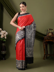 Madhubani Women Saree  - Red & Black