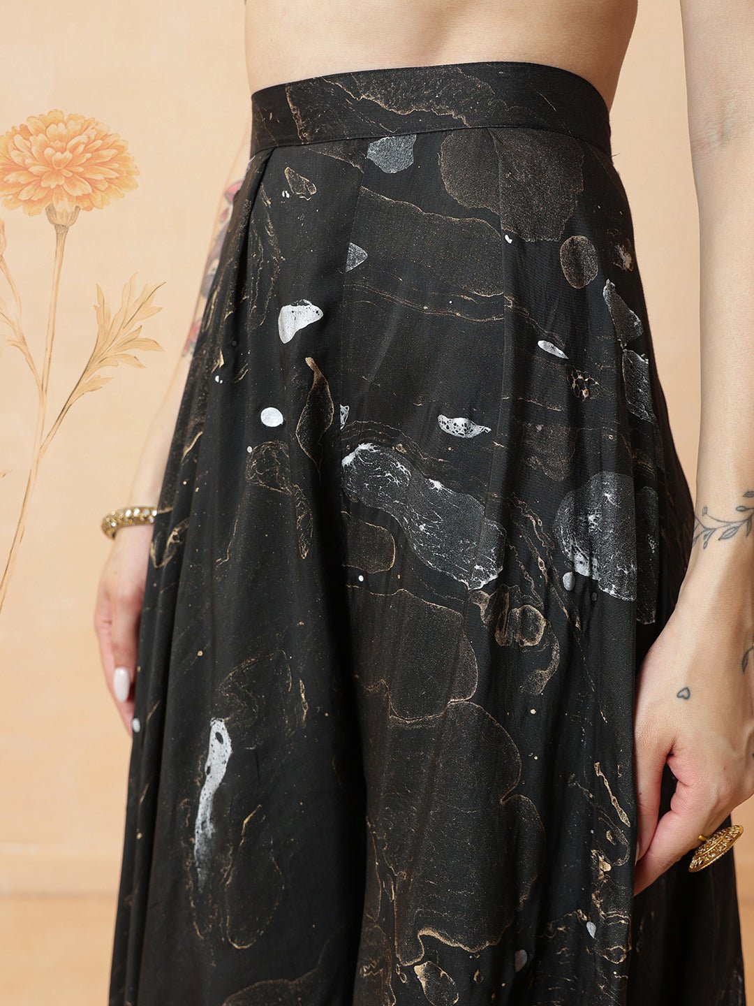Marble Print Top With Skirt - Black - Charkha TalesMarble Print Top With Skirt - Black