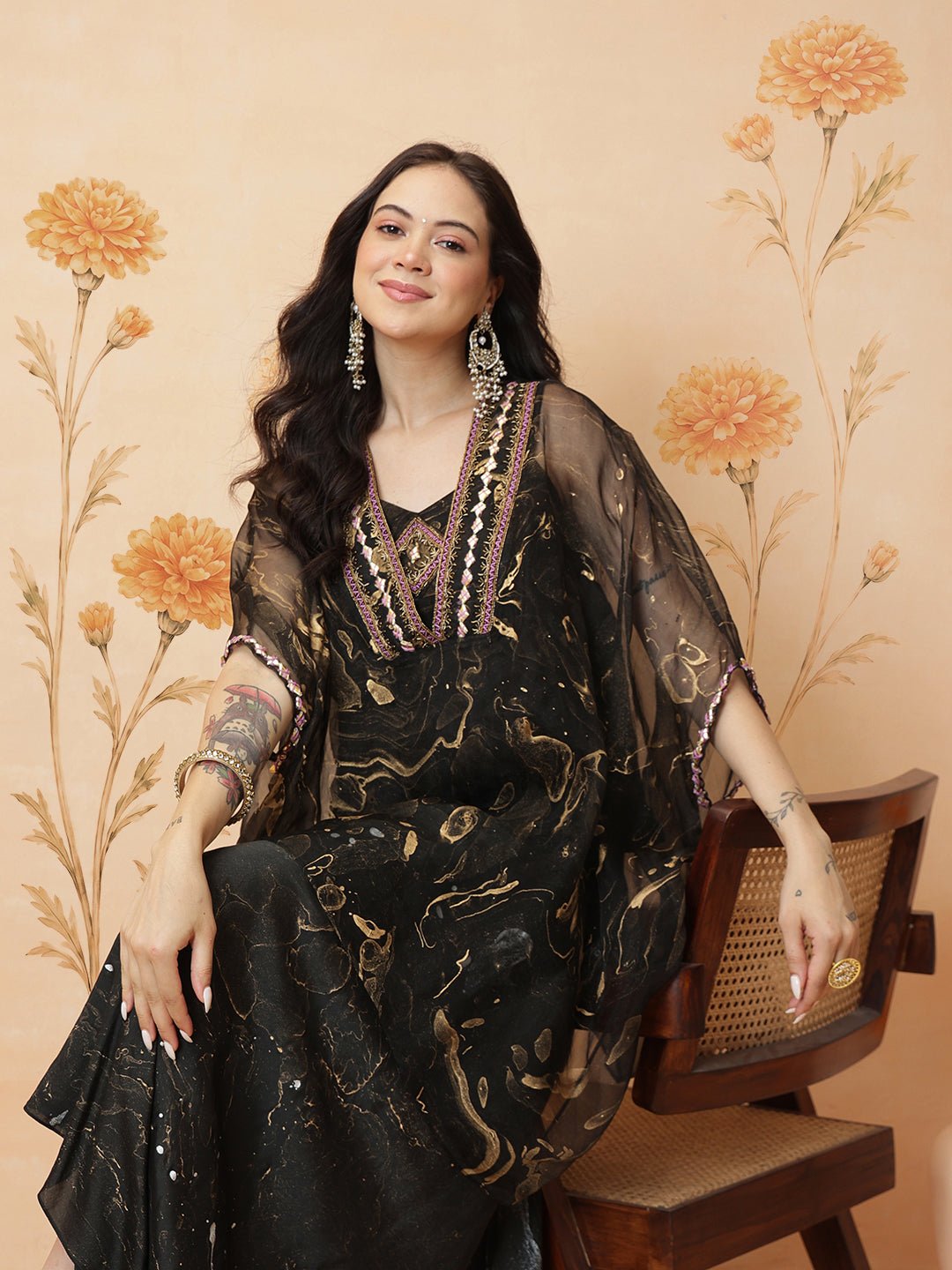 Marble Print Top With Skirt - Black - Charkha TalesMarble Print Top With Skirt - Black