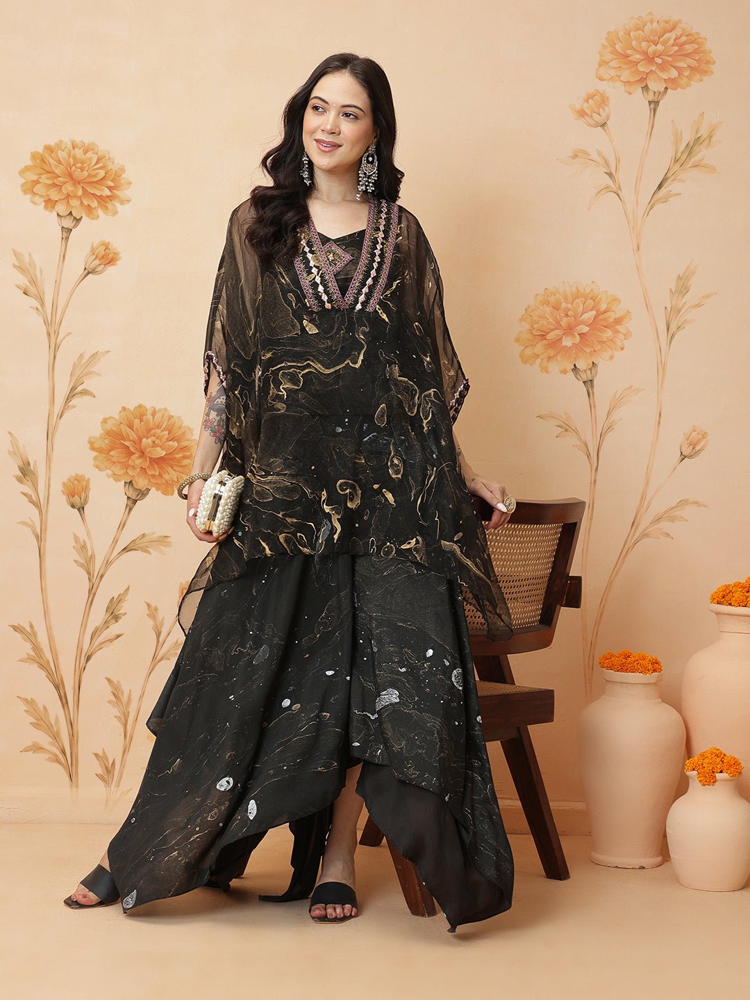 Marble Print Top With Skirt - Black - Charkha TalesMarble Print Top With Skirt - Black