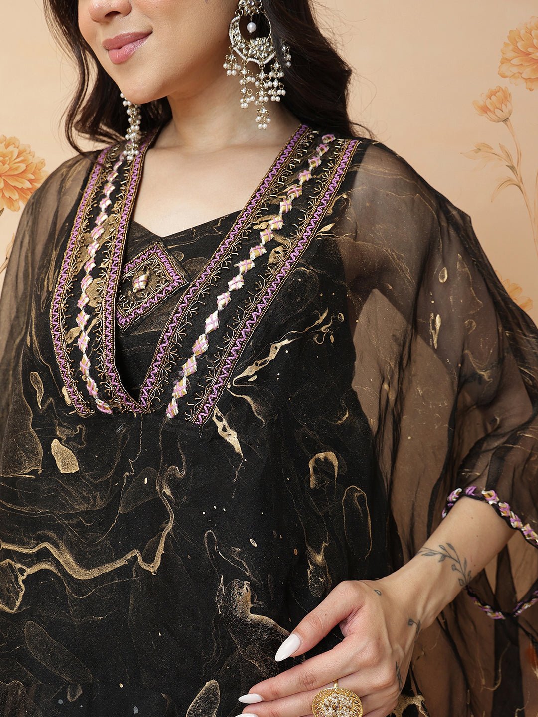 Marble Print Top With Skirt - Black - Charkha TalesMarble Print Top With Skirt - Black