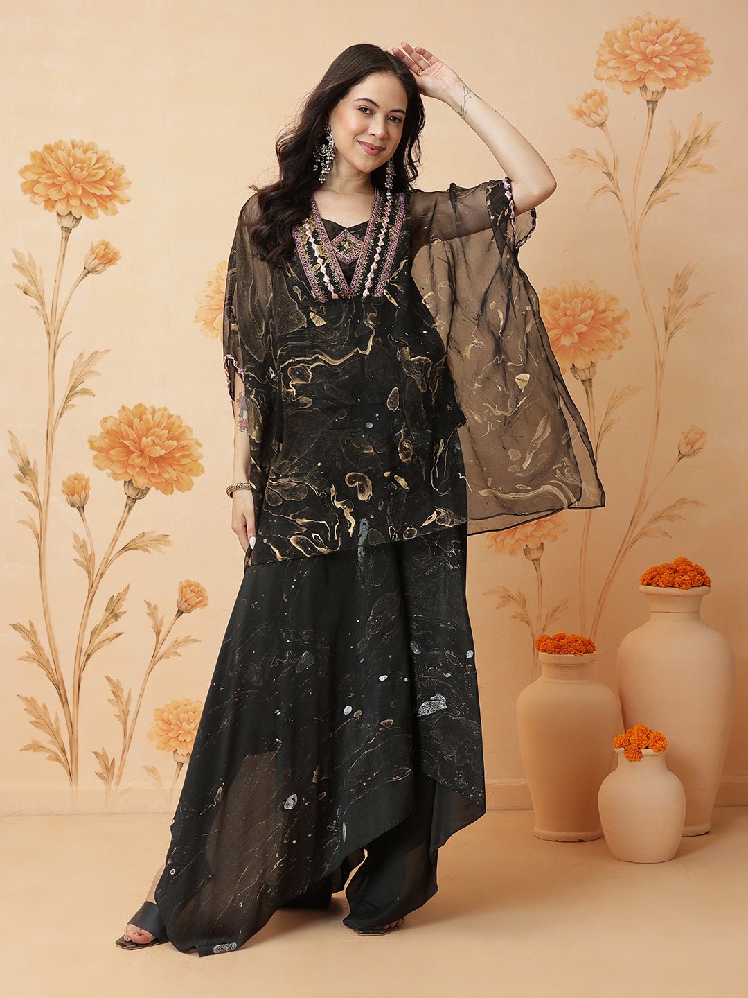Marble Print Top With Skirt - Black - Charkha TalesMarble Print Top With Skirt - Black